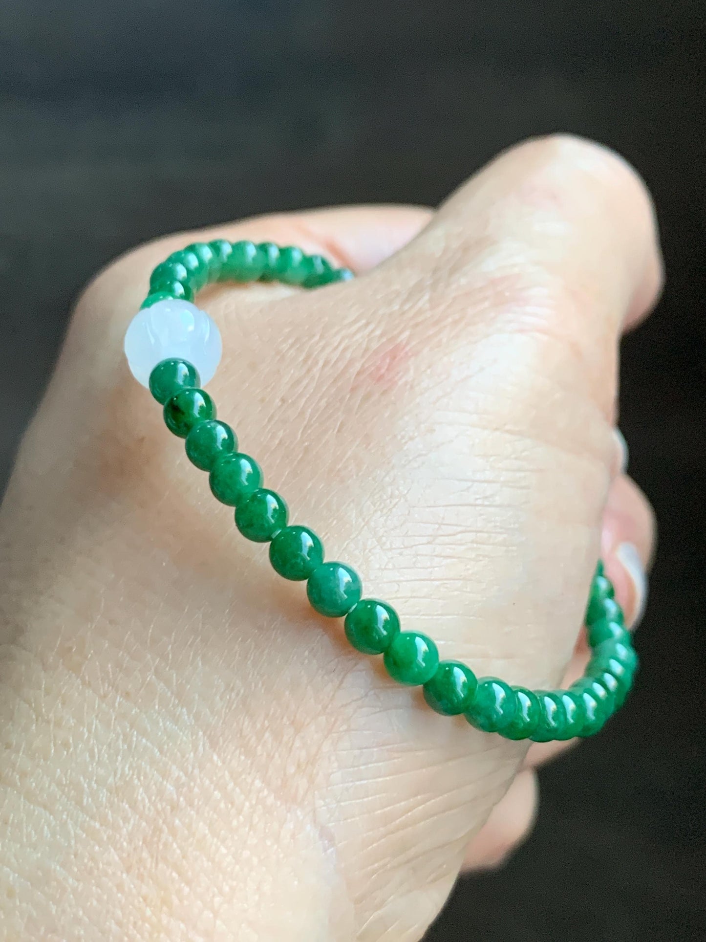 Natural Grade A Icy Translucent Vibrant Green Jade Jadeite Petite Beads Icy White Lotus Bead Beaded Bracelet 6.5” 5g 天然冰阳绿翡翠圆珠白冰莲花珠手串 XML220