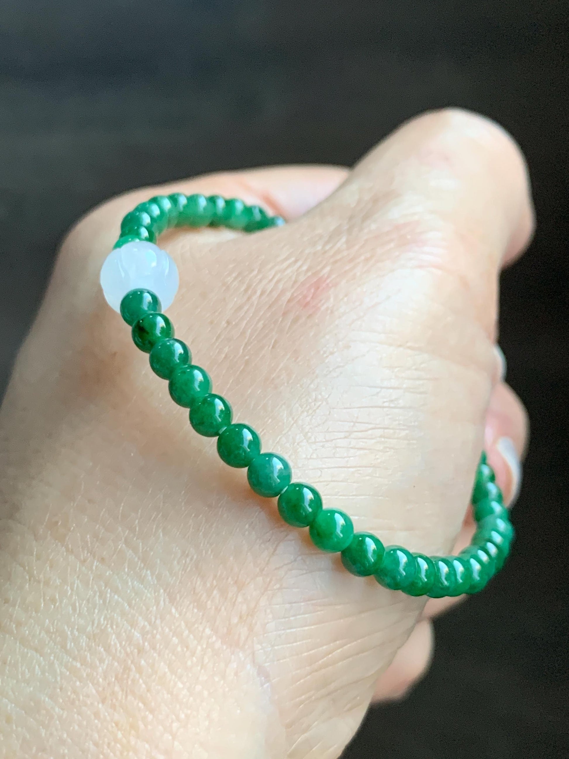 Natural Grade A Icy Translucent Vibrant Green Jade Jadeite Petite Beads Icy White Lotus Bead Beaded Bracelet 6.5” 5g 天然冰阳绿翡翠圆珠白冰莲花珠手串 XML220