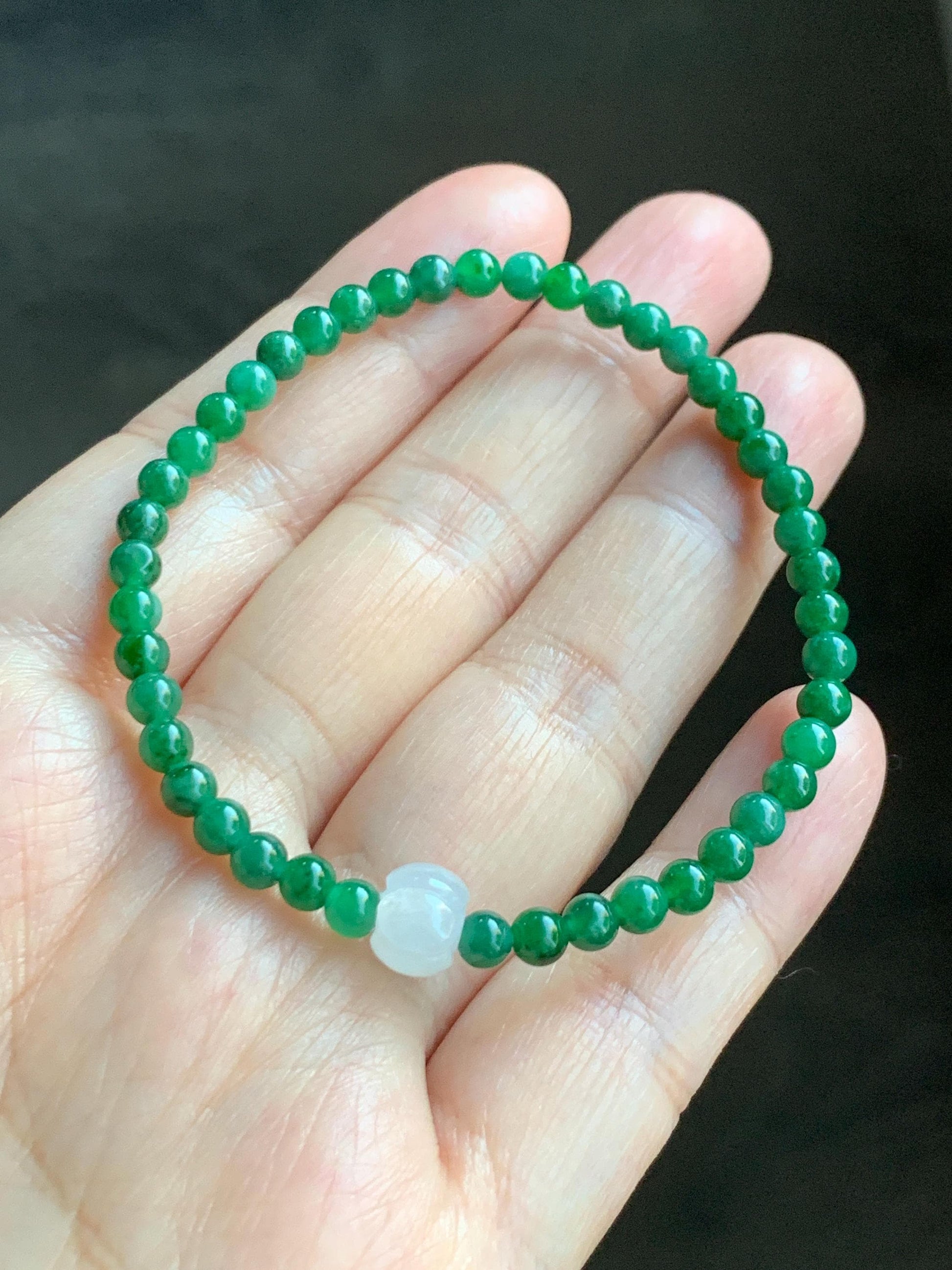 Natural Grade A Icy Translucent Vibrant Green Jade Jadeite Petite Beads Icy White Lotus Bead Beaded Bracelet 6.5” 5g 天然冰阳绿翡翠圆珠白冰莲花珠手串 XML220