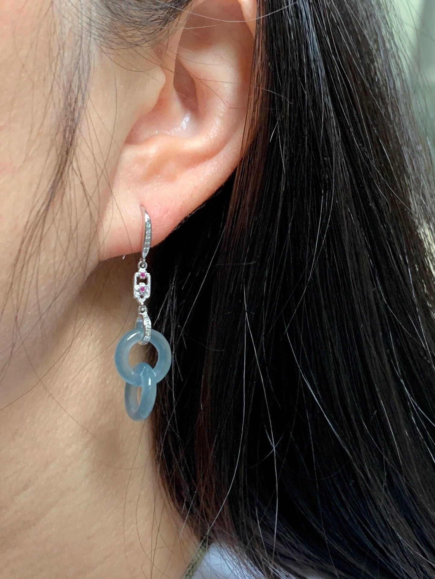 Natural Grade A Guatemalan Icy Translucent Dusty Blue Jade Jadeite Interlocking Rings Earrings Sterling Silver 天然冰危蓝翡翠环环相扣耳钩 WLH165