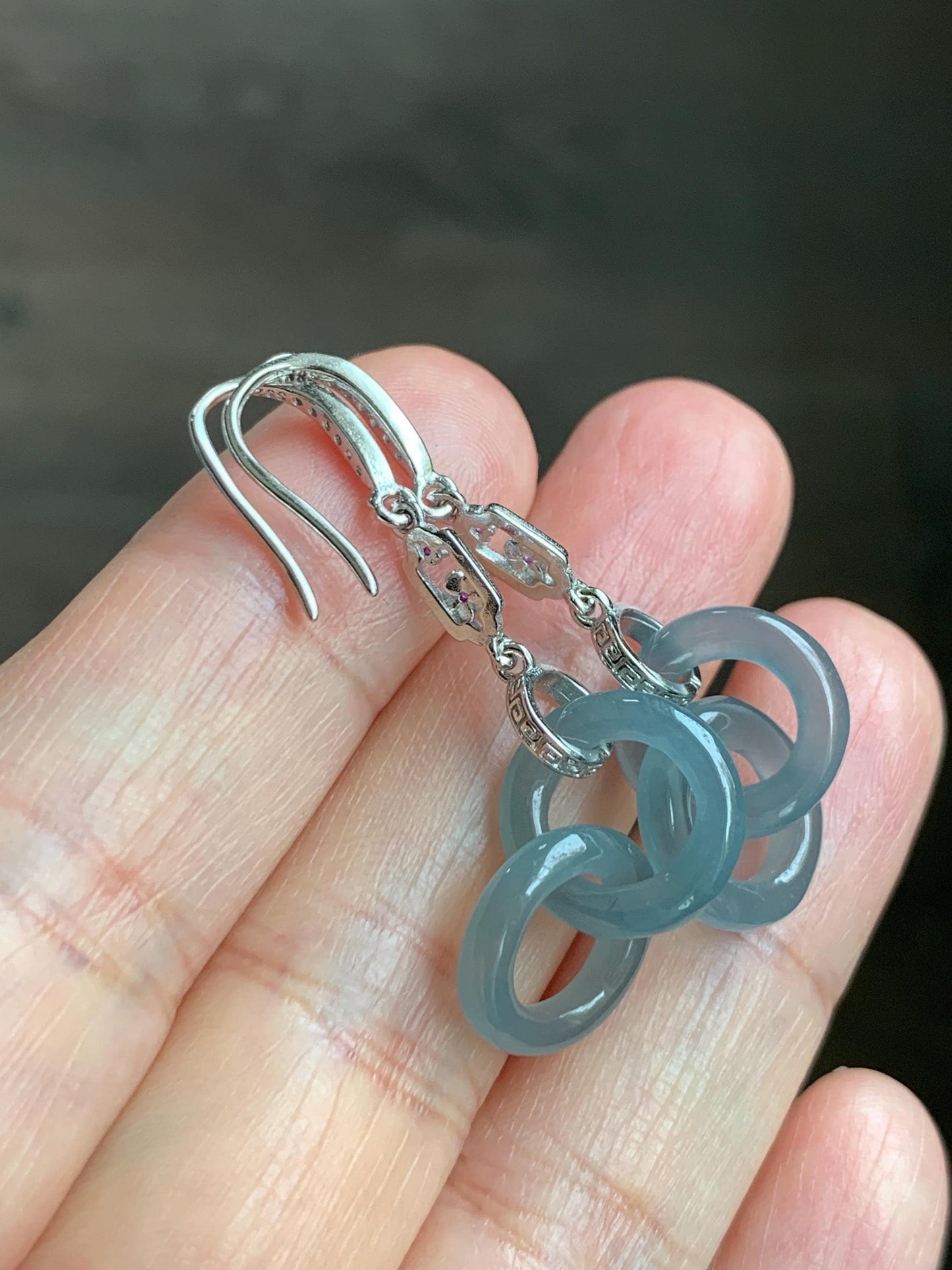 Natural Grade A Guatemalan Icy Translucent Dusty Blue Jade Jadeite Interlocking Rings Earrings Sterling Silver 天然冰危蓝翡翠环环相扣耳钩 WLH165