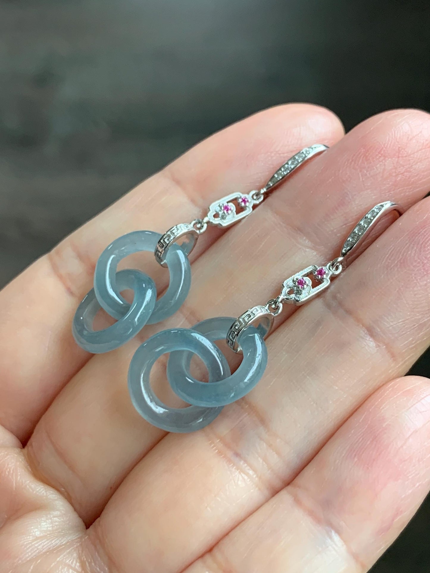 Natural Grade A Guatemalan Icy Translucent Dusty Blue Jade Jadeite Interlocking Rings Earrings Sterling Silver 天然冰危蓝翡翠环环相扣耳钩 WLH165