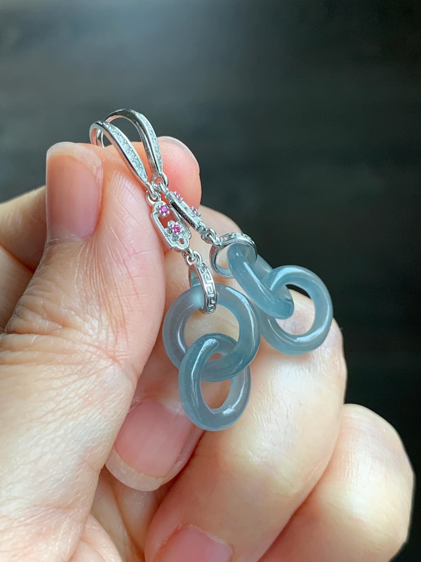 Natural Grade A Guatemalan Icy Translucent Dusty Blue Jade Jadeite Interlocking Rings Earrings Sterling Silver 天然冰危蓝翡翠环环相扣耳钩 WLH165