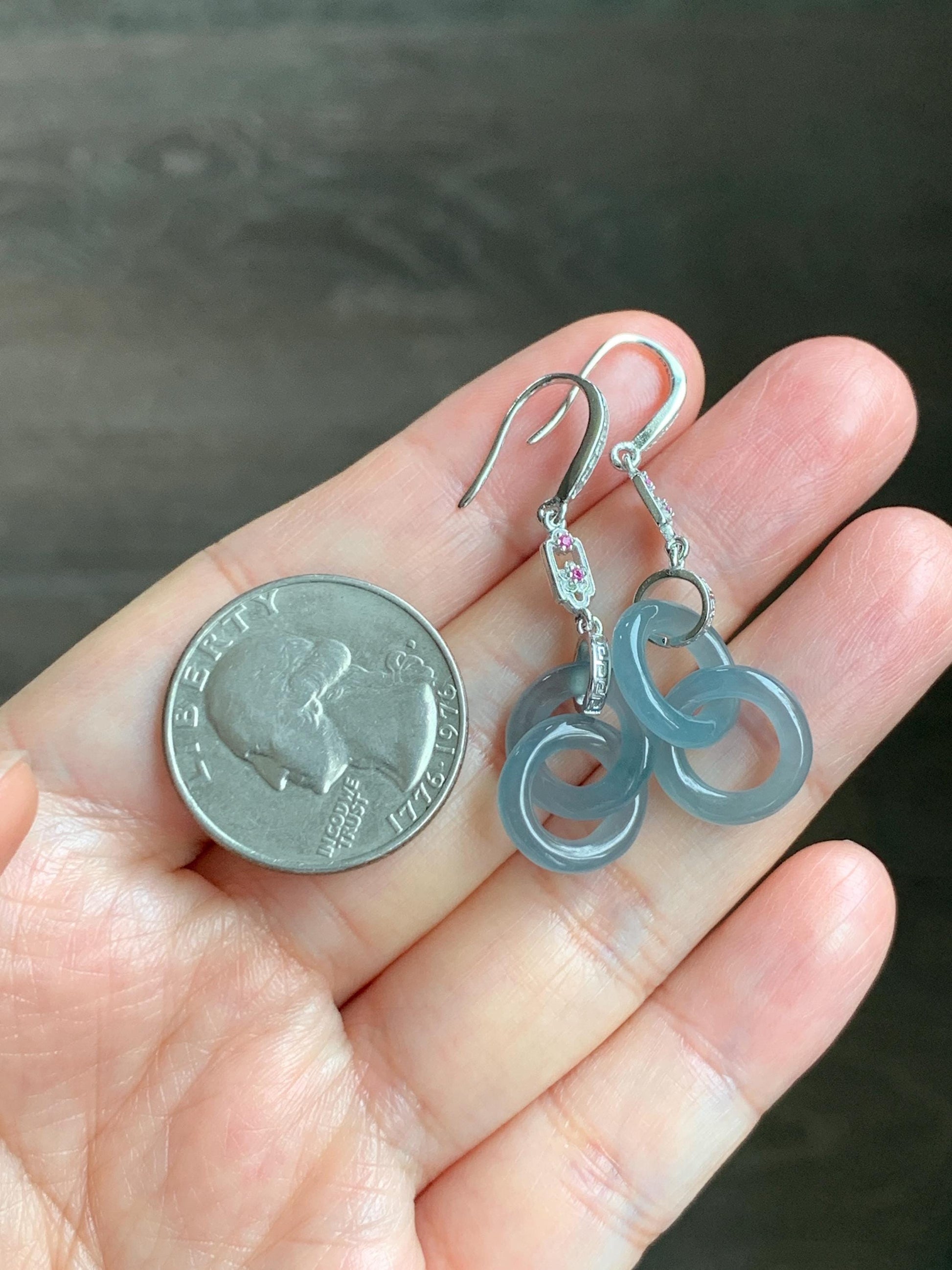 Natural Grade A Guatemalan Icy Translucent Dusty Blue Jade Jadeite Interlocking Rings Earrings Sterling Silver 天然冰危蓝翡翠环环相扣耳钩 WLH165