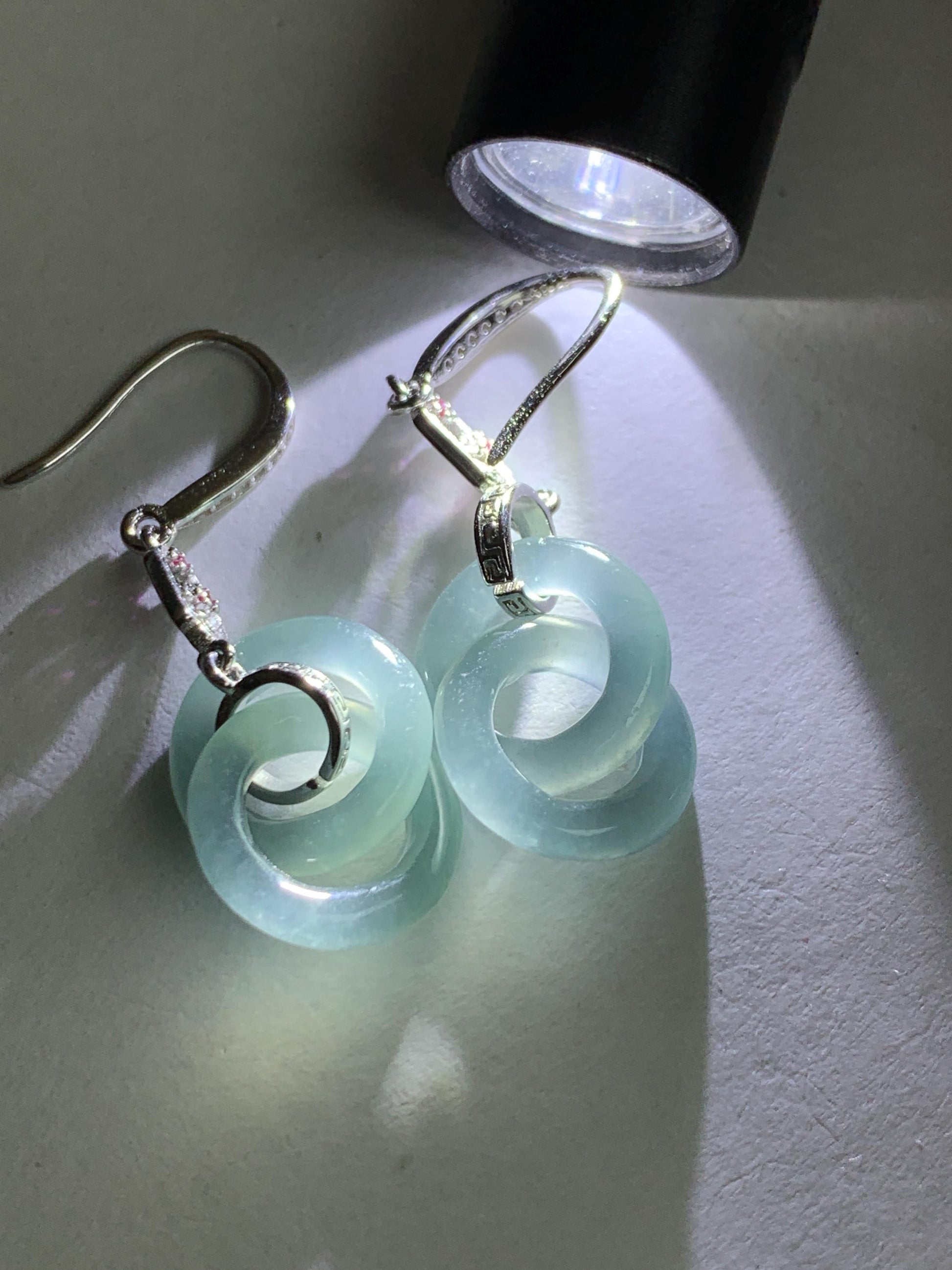 Natural Grade A Guatemalan Icy Translucent Dusty Blue Jade Jadeite Interlocking Rings Earrings Sterling Silver 天然冰危蓝翡翠环环相扣耳钩 WLH165