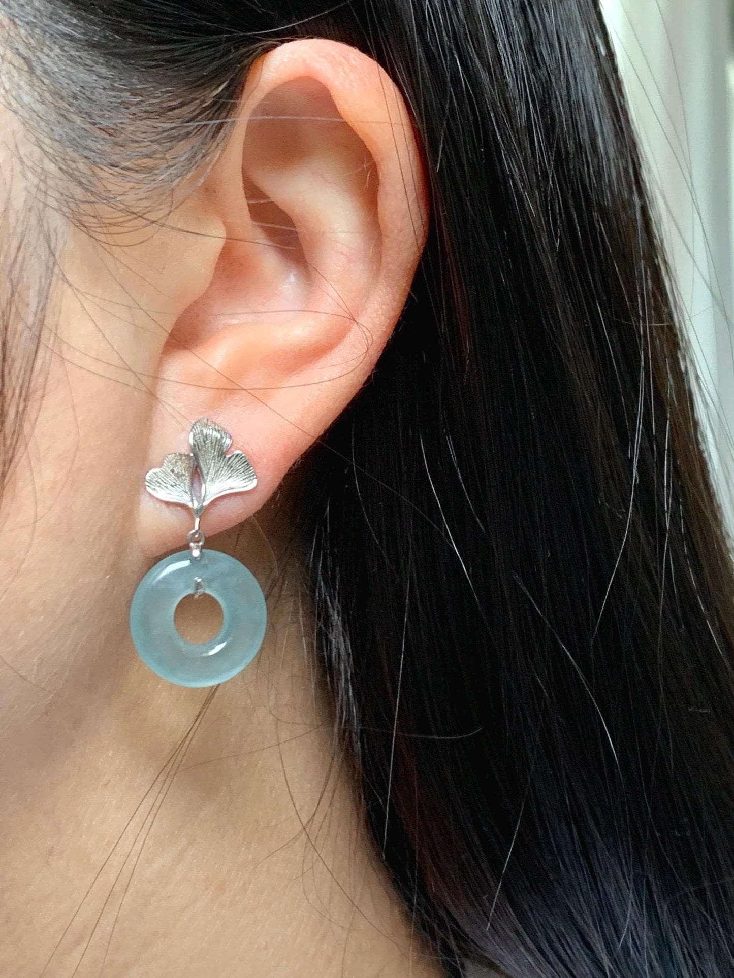 Natural Type A Guatemalan Icy Translucent Light Green Jadeite Ping An Kou Donut Ginkgo Leaf Earrings Sterling Silver 天然冰危浅绿翡翠平安扣银杏叶耳钉QLYX110