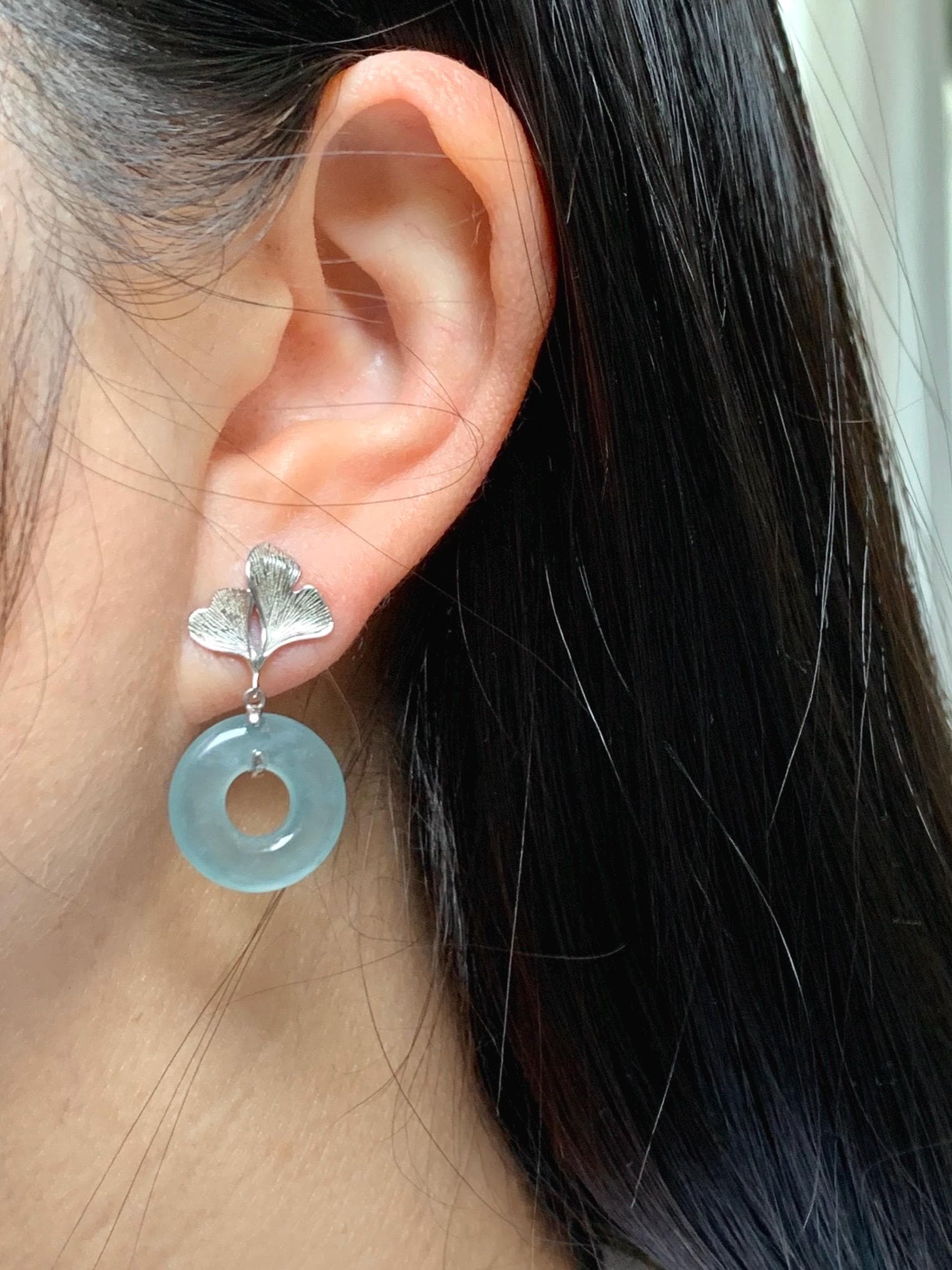 Natural Type A Guatemalan Icy Translucent Light Green Jadeite Ping An Kou Donut Ginkgo Leaf Earrings Sterling Silver 天然冰危浅绿翡翠平安扣银杏叶耳钉QLYX110