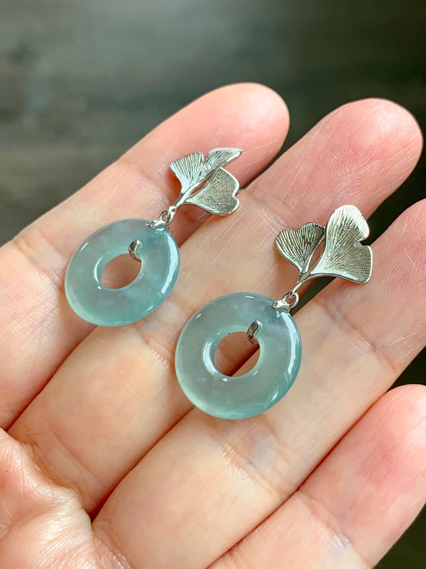 Natural Type A Guatemalan Icy Translucent Light Green Jadeite Ping An Kou Donut Ginkgo Leaf Earrings Sterling Silver 天然冰危浅绿翡翠平安扣银杏叶耳钉QLYX110
