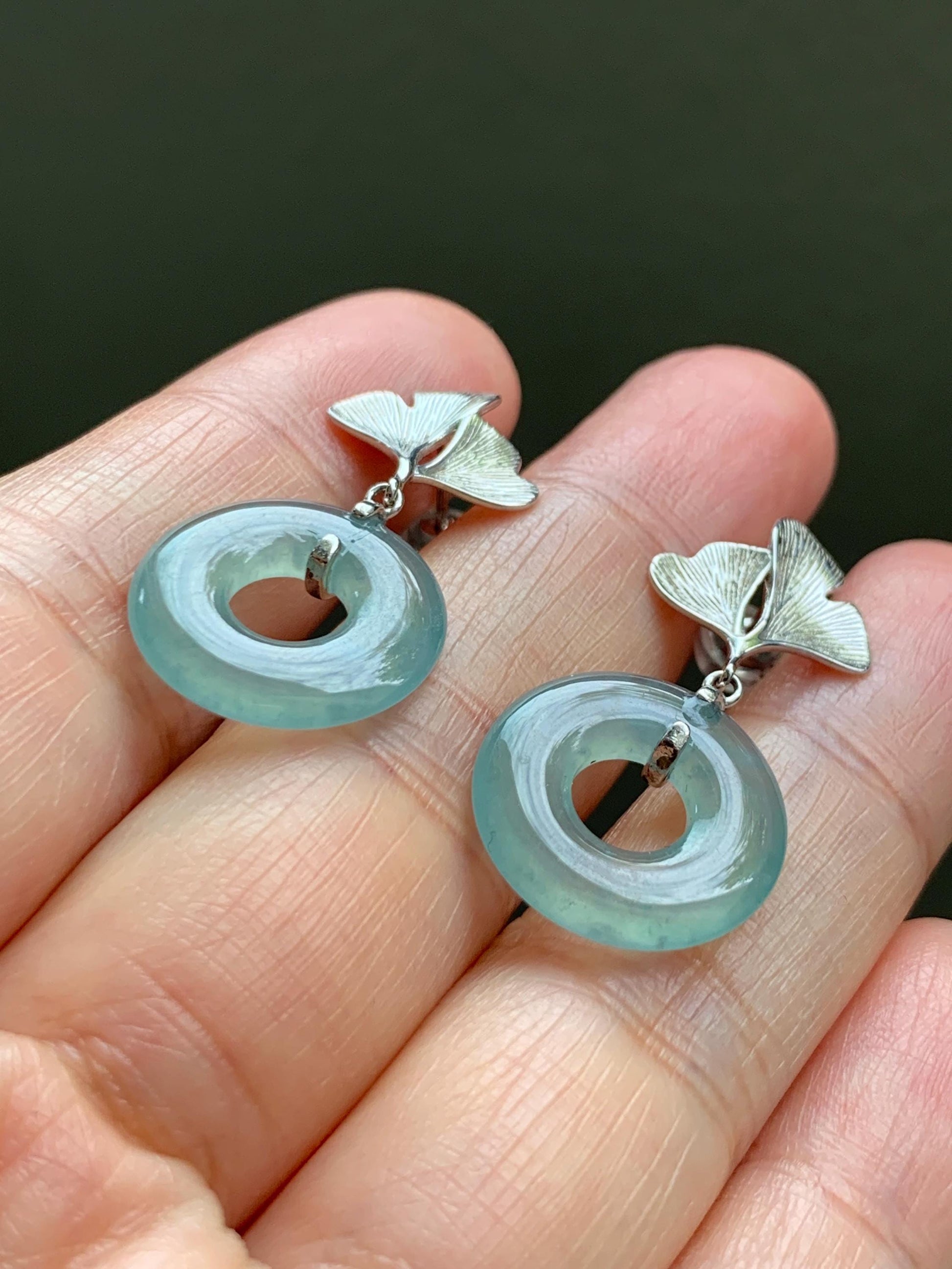 Natural Type A Guatemalan Icy Translucent Light Green Jadeite Ping An Kou Donut Ginkgo Leaf Earrings Sterling Silver 天然冰危浅绿翡翠平安扣银杏叶耳钉QLYX110