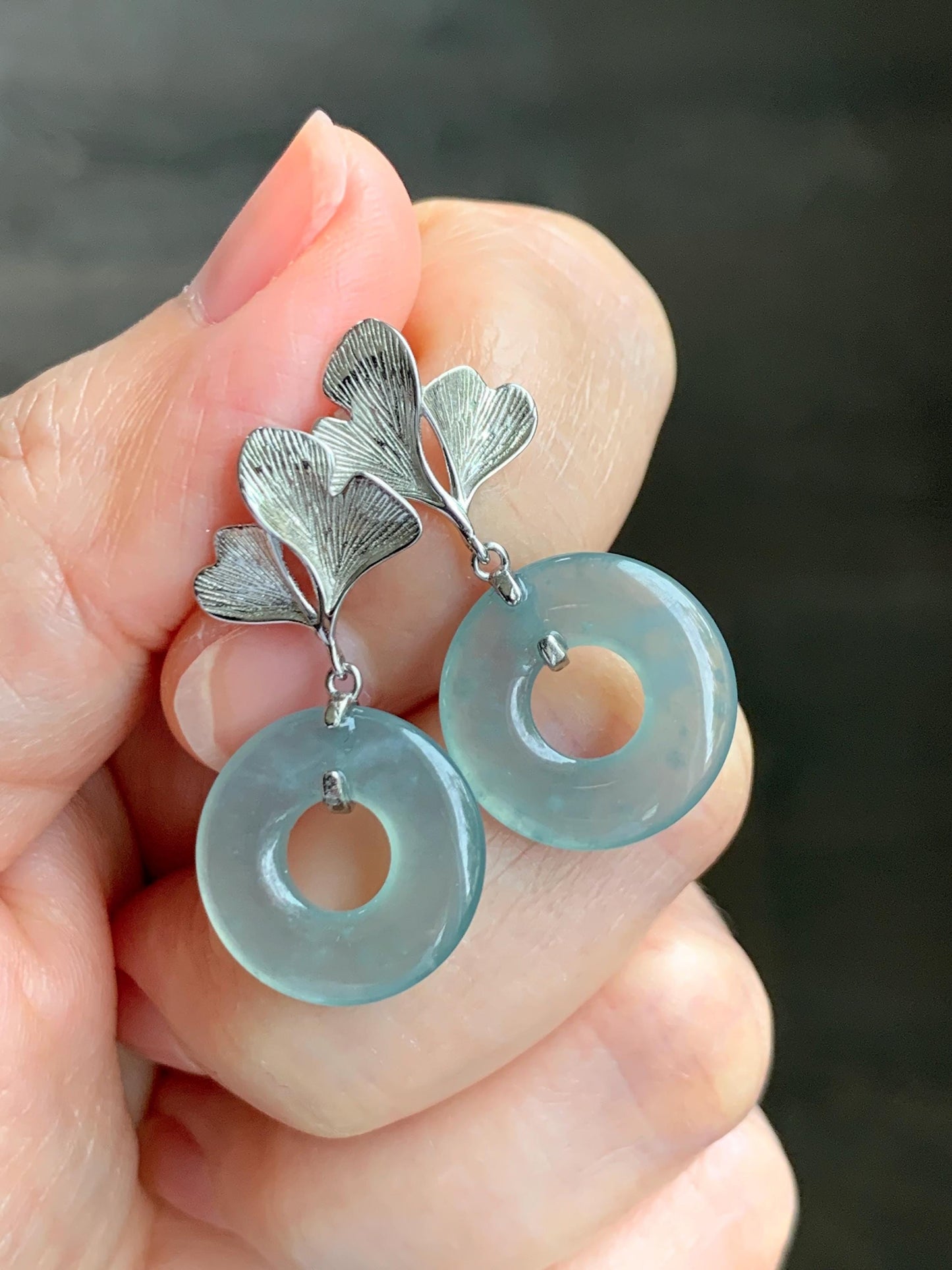 Natural Type A Guatemalan Icy Translucent Light Green Jadeite Ping An Kou Donut Ginkgo Leaf Earrings Sterling Silver 天然冰危浅绿翡翠平安扣银杏叶耳钉QLYX110
