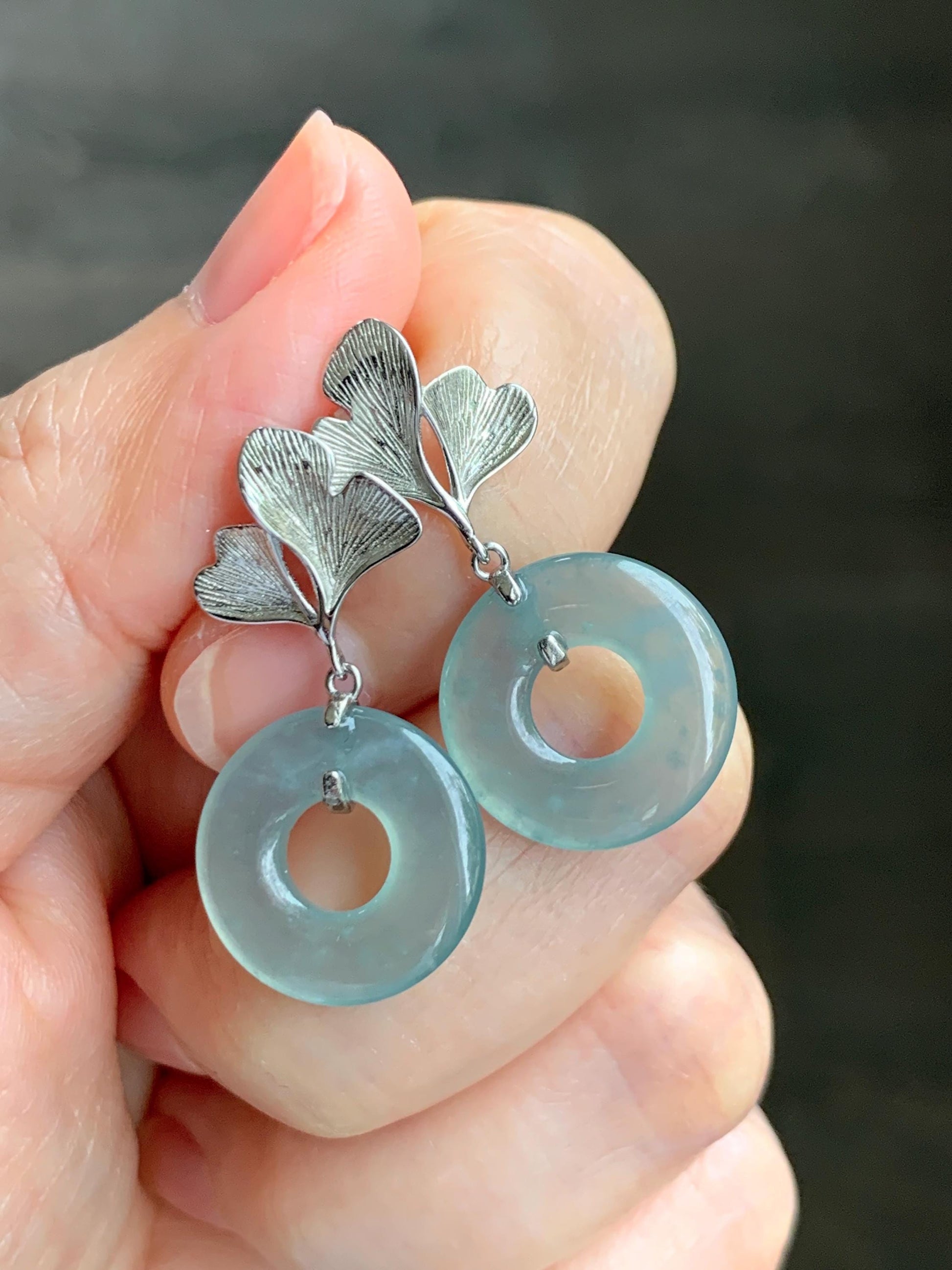 Natural Type A Guatemalan Icy Translucent Light Green Jadeite Ping An Kou Donut Ginkgo Leaf Earrings Sterling Silver 天然冰危浅绿翡翠平安扣银杏叶耳钉QLYX110