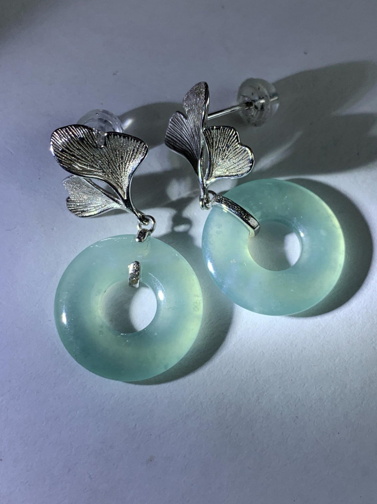 Natural Type A Guatemalan Icy Translucent Light Green Jadeite Ping An Kou Donut Ginkgo Leaf Earrings Sterling Silver 天然冰危浅绿翡翠平安扣银杏叶耳钉QLYX110
