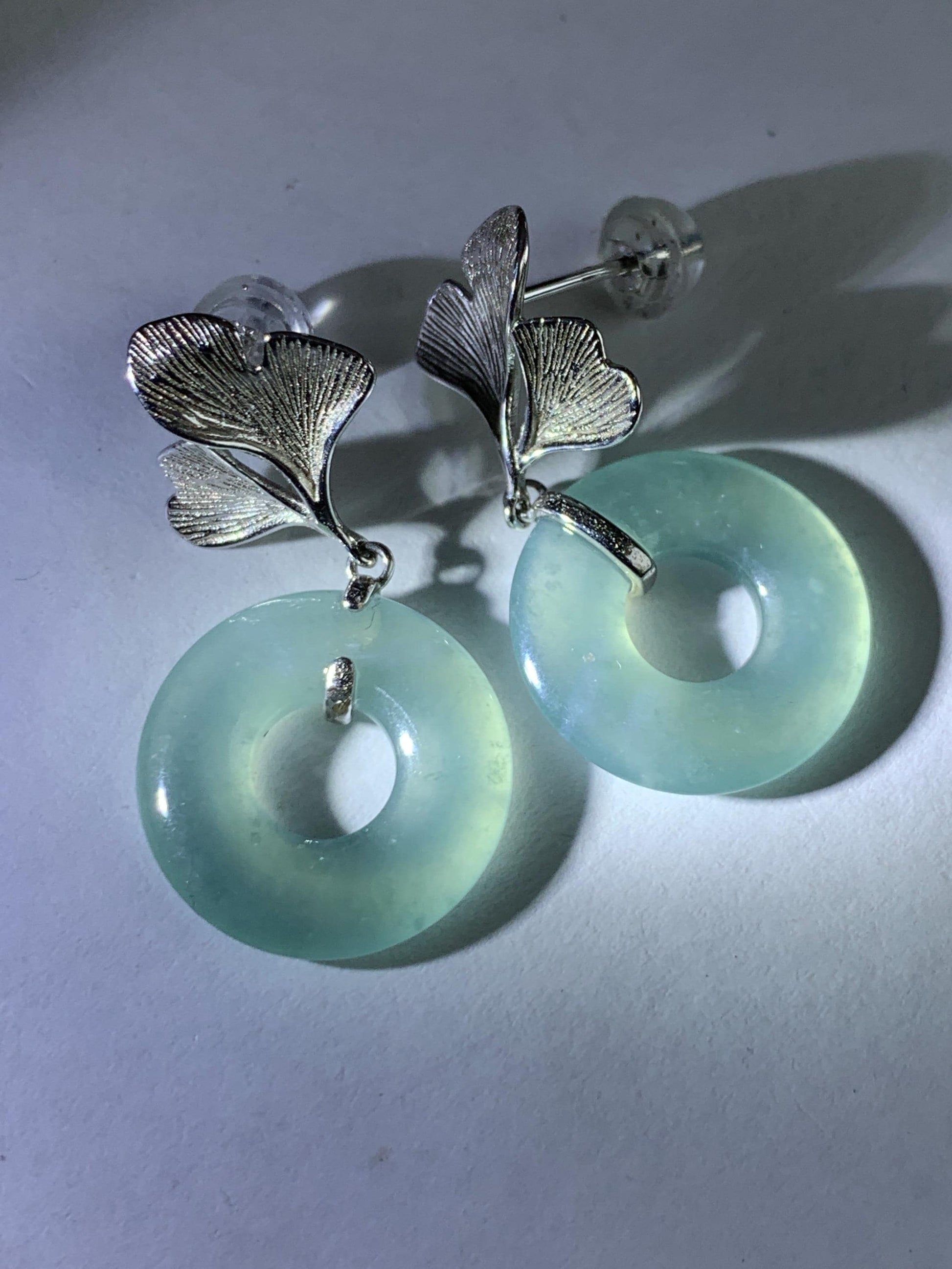 Natural Type A Guatemalan Icy Translucent Light Green Jadeite Ping An Kou Donut Ginkgo Leaf Earrings Sterling Silver 天然冰危浅绿翡翠平安扣银杏叶耳钉QLYX110