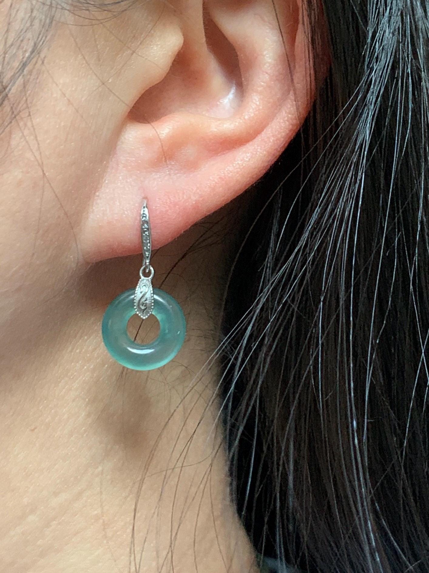 Natural Grade A Guatemalan Icy Translucent Teal Green Jade Jadeite Ping An Kou Donut Dangle Earrings Sterling Silver 天然冰危深蓝绿翡翠平安扣耳钩 WLL88