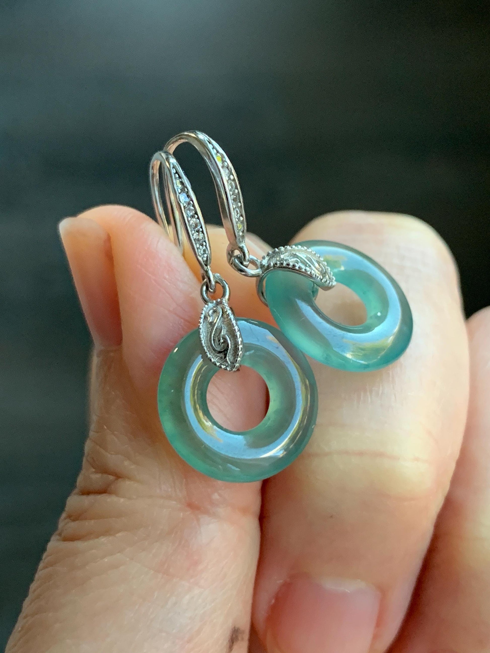 Natural Grade A Guatemalan Icy Translucent Teal Green Jade Jadeite Ping An Kou Donut Dangle Earrings Sterling Silver 天然冰危深蓝绿翡翠平安扣耳钩 WLL88