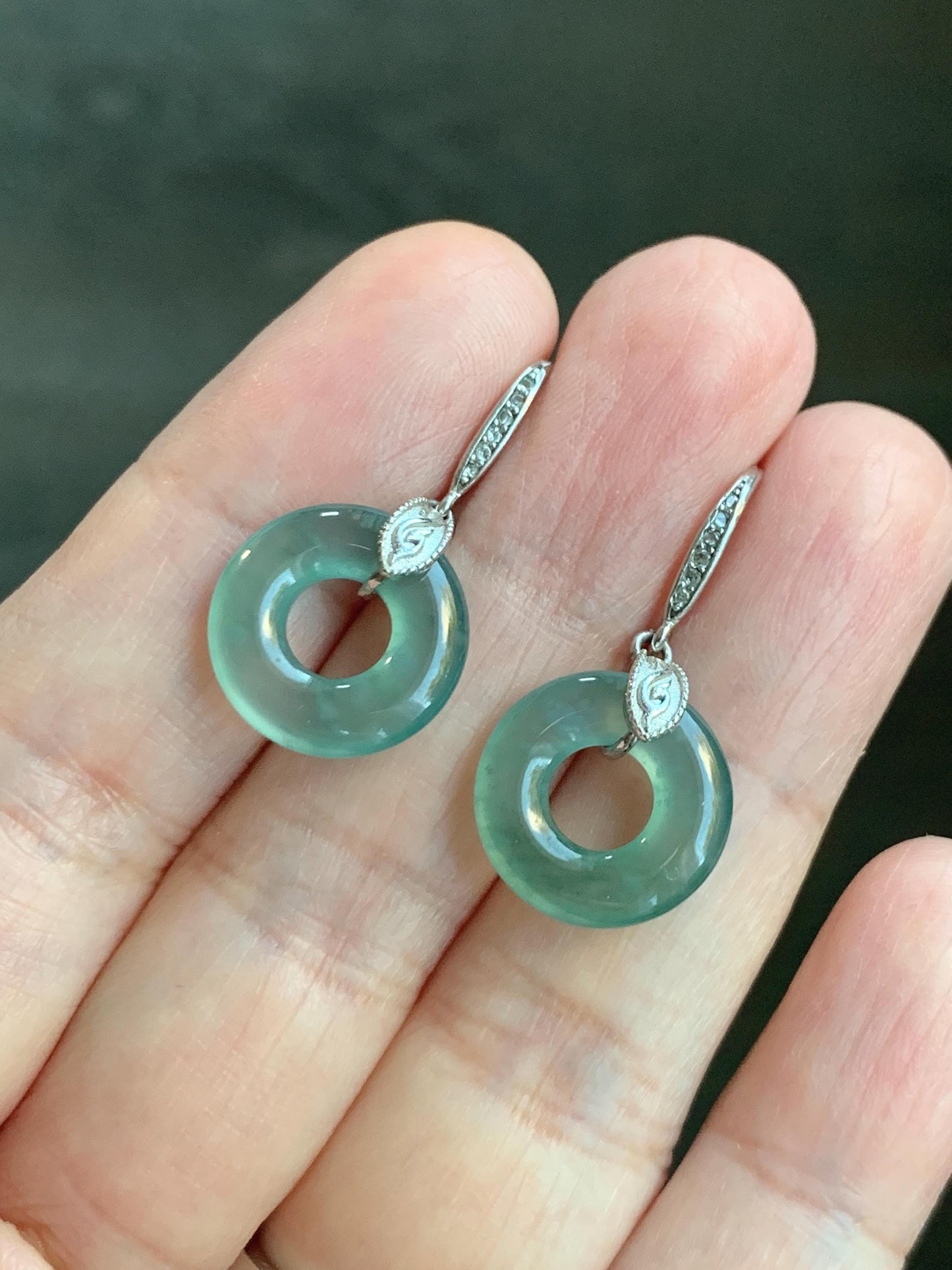 Natural Grade A Guatemalan Icy Translucent Teal Green Jade Jadeite Ping An Kou Donut Dangle Earrings Sterling Silver 天然冰危深蓝绿翡翠平安扣耳钩 WLL88