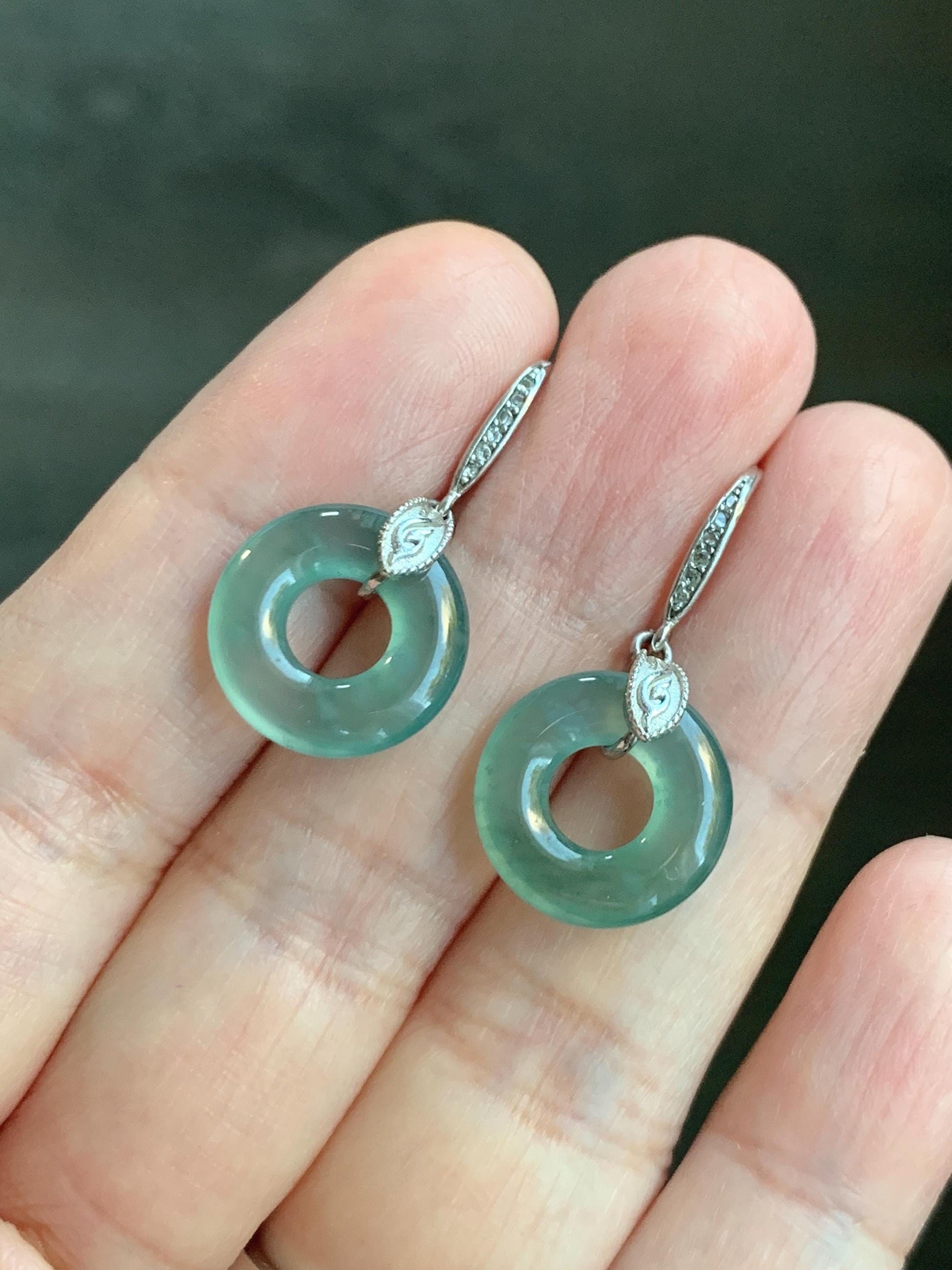 Natural Grade A Guatemalan Icy Translucent Teal Green Jade Jadeite Ping An Kou Donut Dangle Earrings Sterling Silver 天然冰危深蓝绿翡翠平安扣耳钩 WLL88