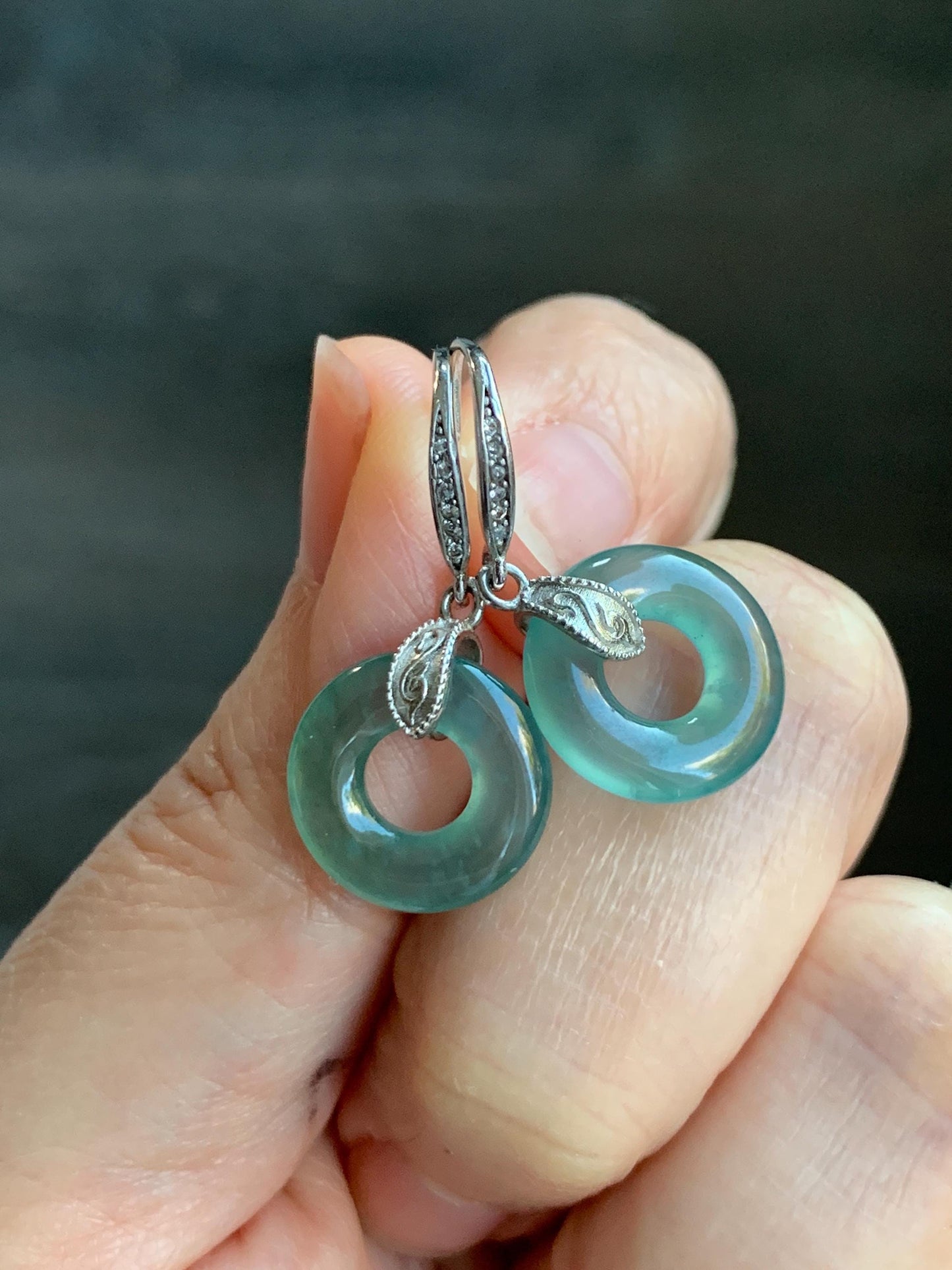 Natural Grade A Guatemalan Icy Translucent Teal Green Jade Jadeite Ping An Kou Donut Dangle Earrings Sterling Silver 天然冰危深蓝绿翡翠平安扣耳钩 WLL88