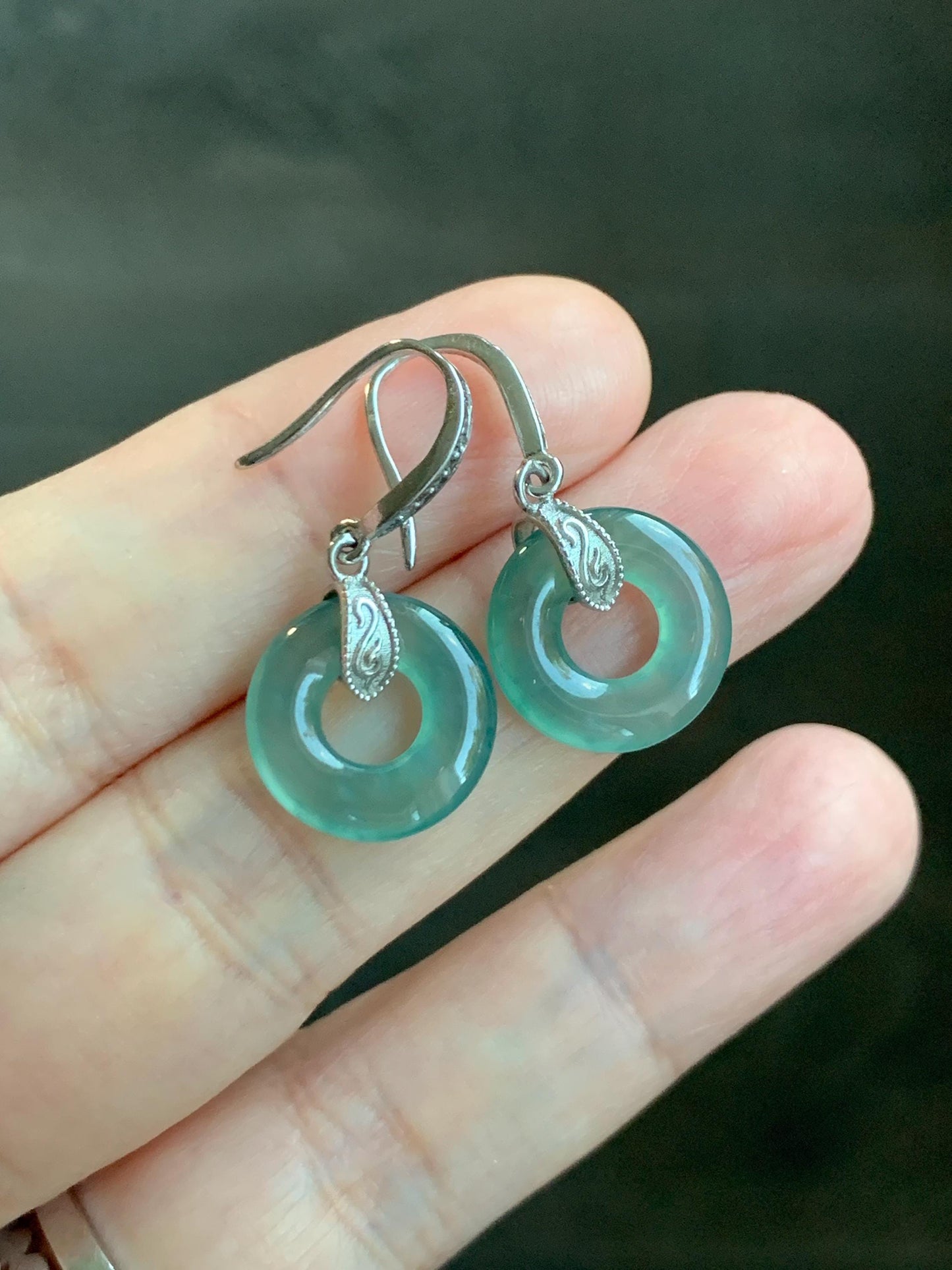 Natural Grade A Guatemalan Icy Translucent Teal Green Jade Jadeite Ping An Kou Donut Dangle Earrings Sterling Silver 天然冰危深蓝绿翡翠平安扣耳钩 WLL88