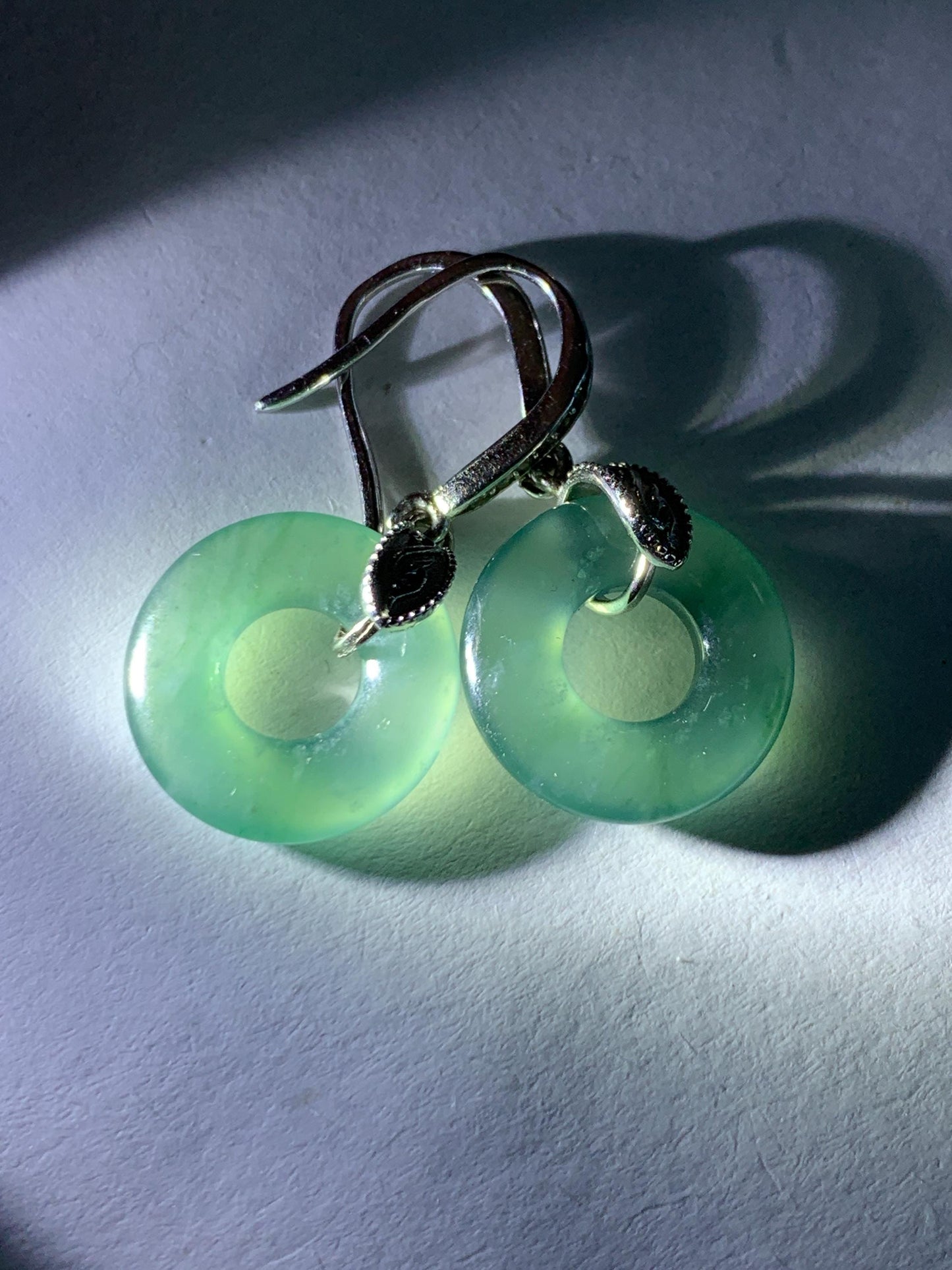 Natural Grade A Guatemalan Icy Translucent Teal Green Jade Jadeite Ping An Kou Donut Dangle Earrings Sterling Silver 天然冰危深蓝绿翡翠平安扣耳钩 WLL88