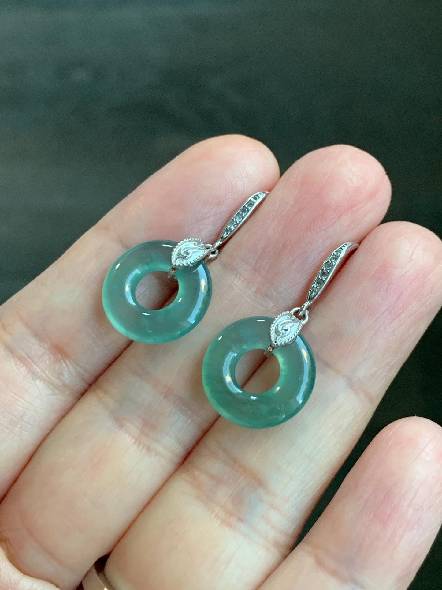 Natural Grade A Guatemalan Icy Translucent Teal Green Jade Jadeite Ping An Kou Donut Dangle Earrings Sterling Silver 天然冰危深蓝绿翡翠平安扣耳钩 WLL88