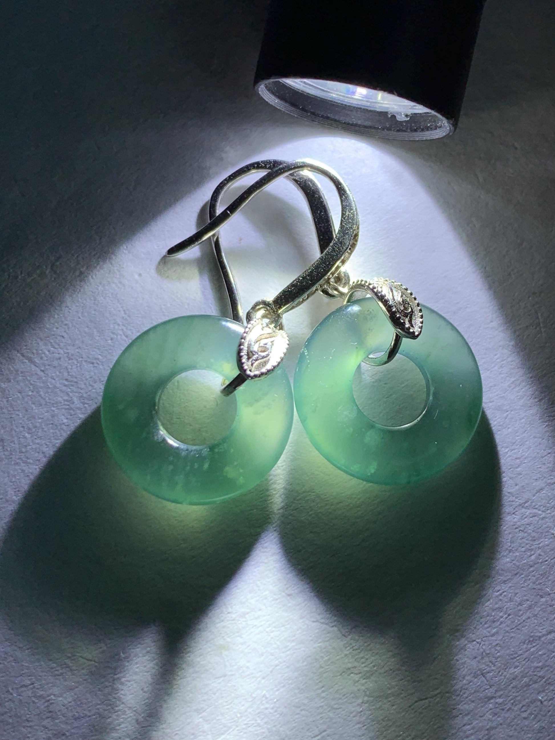Natural Grade A Guatemalan Icy Translucent Teal Green Jade Jadeite Ping An Kou Donut Dangle Earrings Sterling Silver 天然冰危深蓝绿翡翠平安扣耳钩 WLL88