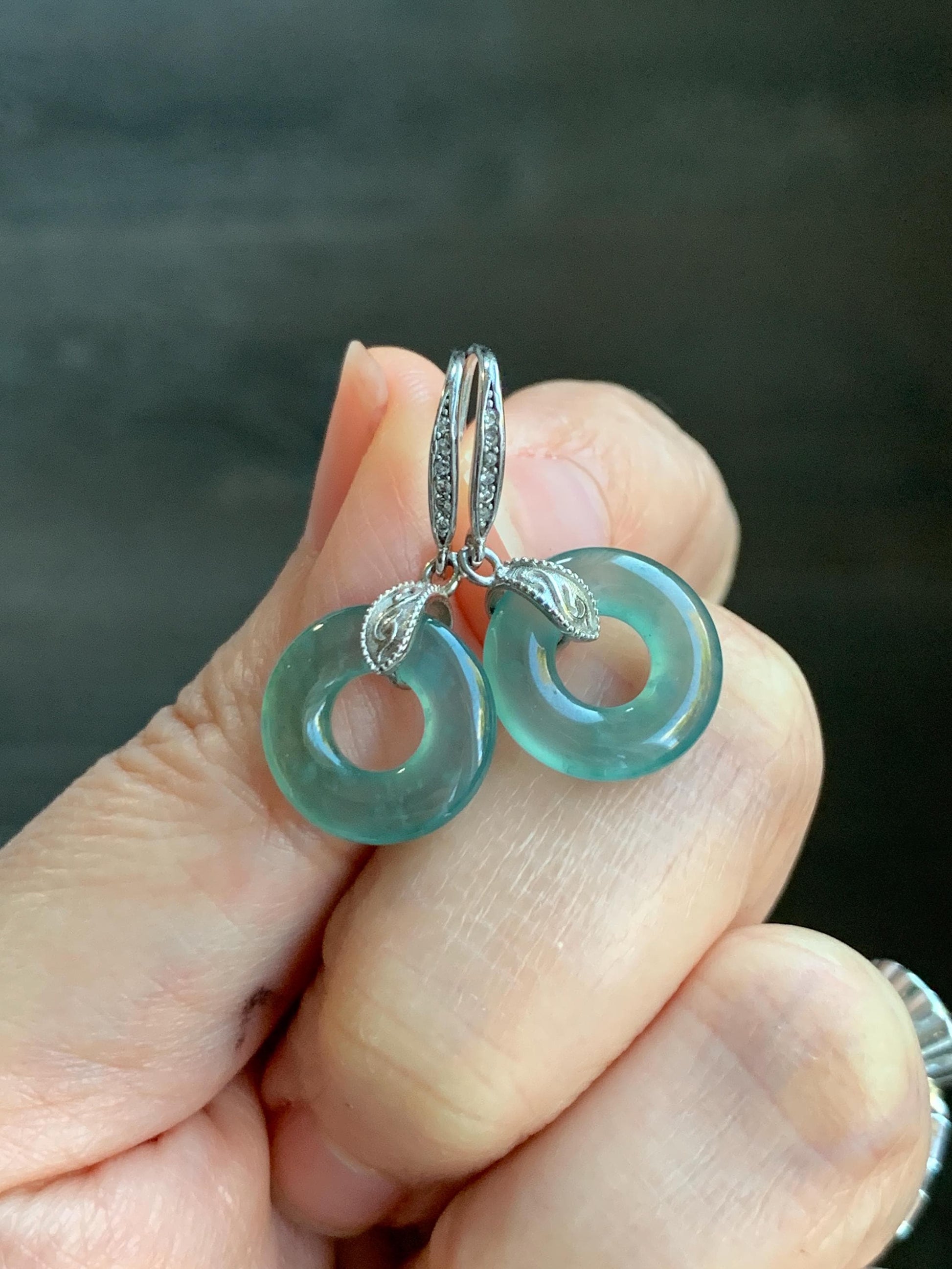 Natural Grade A Guatemalan Icy Translucent Teal Green Jade Jadeite Ping An Kou Donut Dangle Earrings Sterling Silver 天然冰危深蓝绿翡翠平安扣耳钩 WLL88