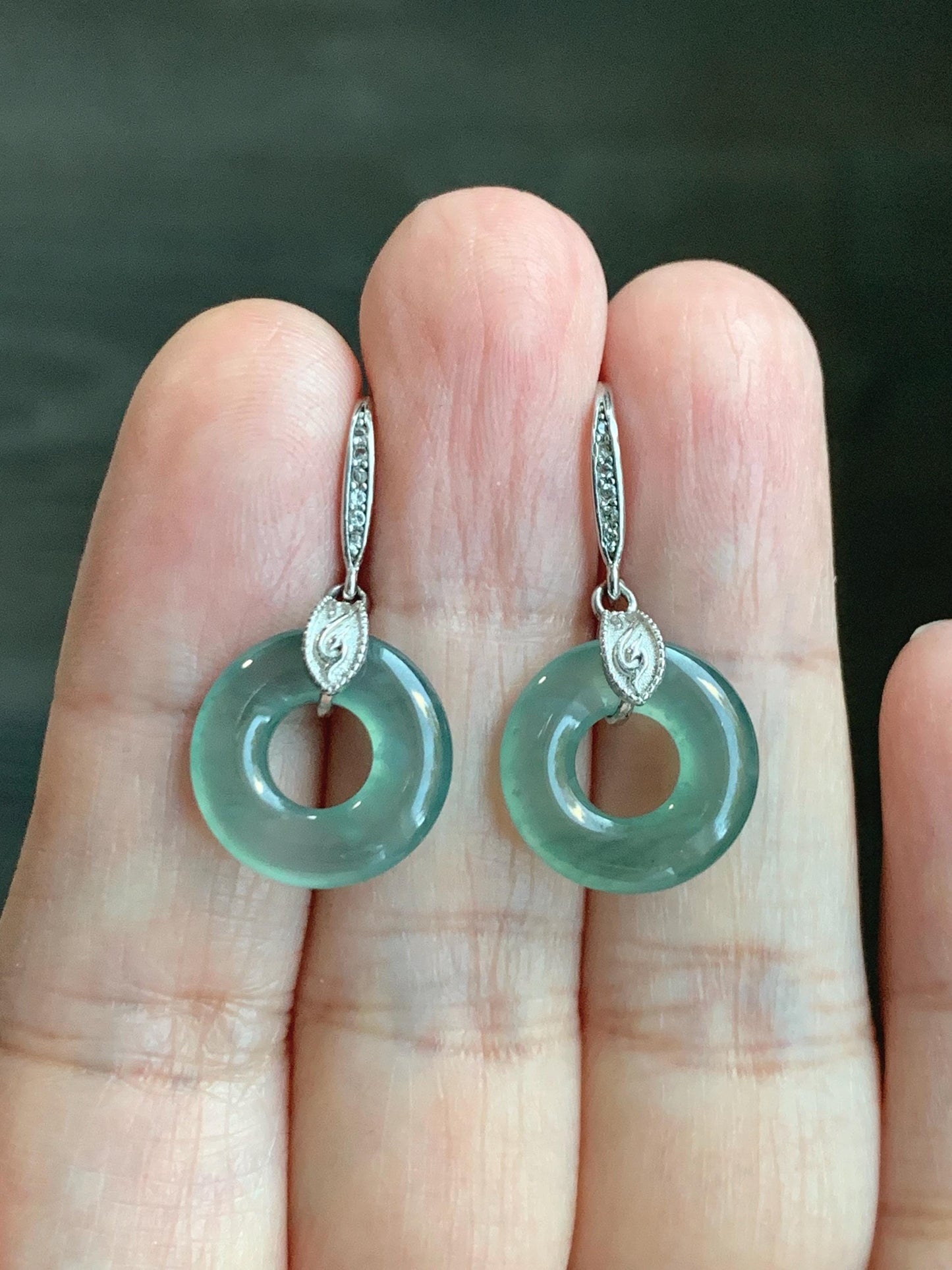 Natural Grade A Guatemalan Icy Translucent Teal Green Jade Jadeite Ping An Kou Donut Dangle Earrings Sterling Silver 天然冰危深蓝绿翡翠平安扣耳钩 WLL88