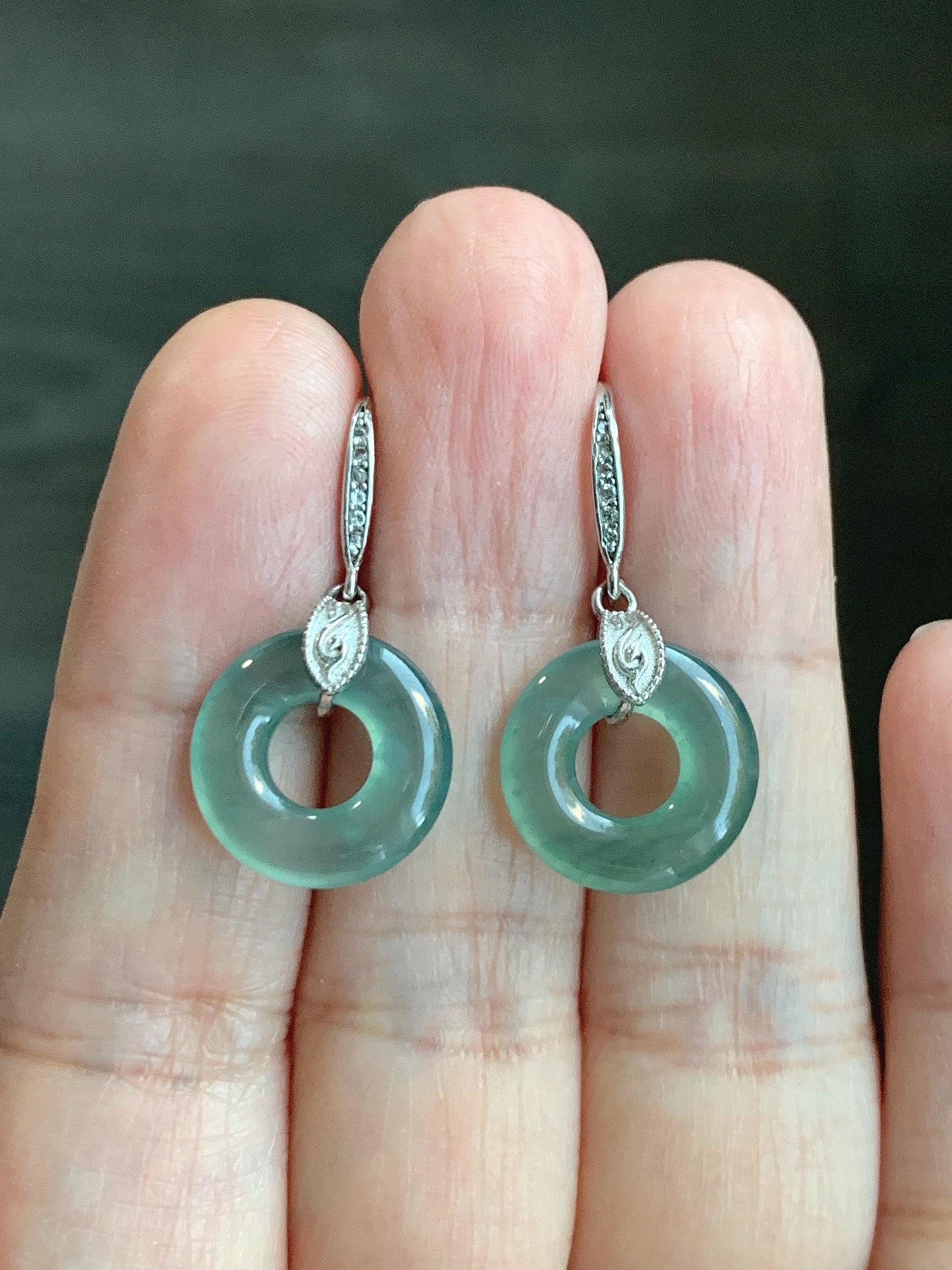 Natural Grade A Guatemalan Icy Translucent Teal Green Jade Jadeite Ping An Kou Donut Dangle Earrings Sterling Silver 天然冰危深蓝绿翡翠平安扣耳钩 WLL88