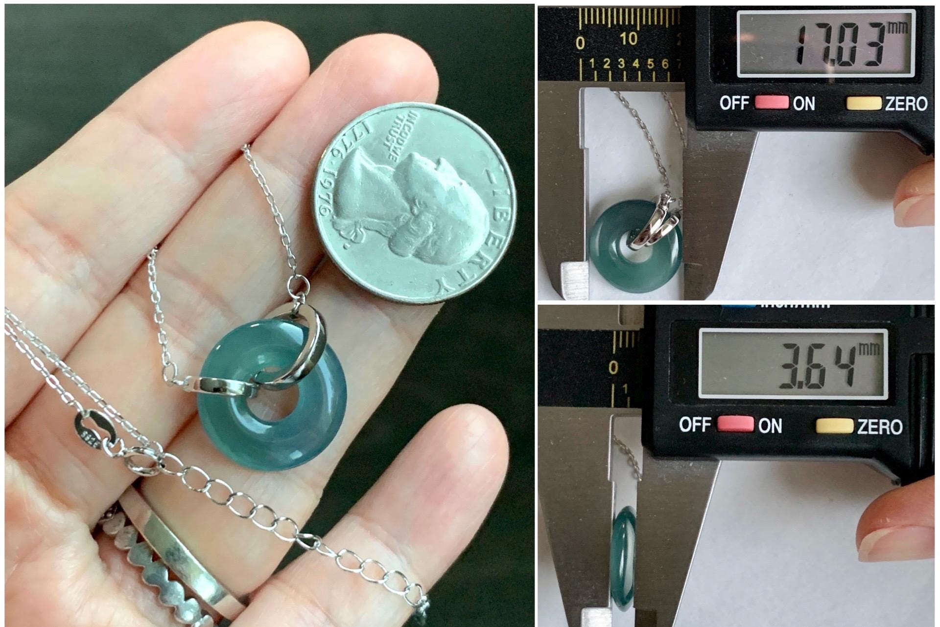 Natural Grade A Guatemalan Icy Translucent Dark Teal Blue Jade Jadeite Ping An Kou Donut Necklace Sterling Silver 天然冰危蓝翡翠平安扣锁骨链 PAL99