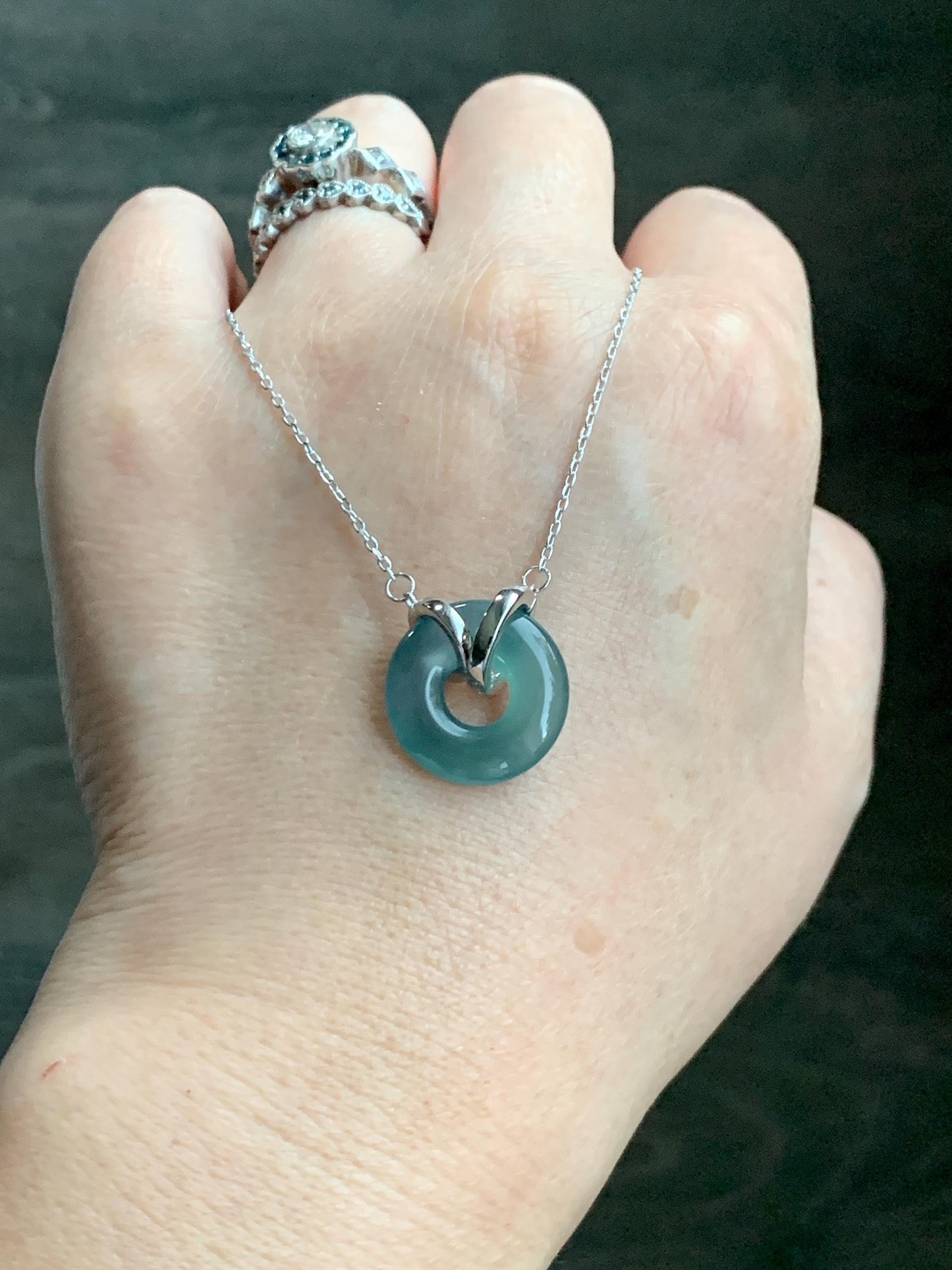 Natural Grade A Guatemalan Icy Translucent Dark Teal Blue Jade Jadeite Ping An Kou Donut Necklace Sterling Silver 天然冰危蓝翡翠平安扣锁骨链 PAL99