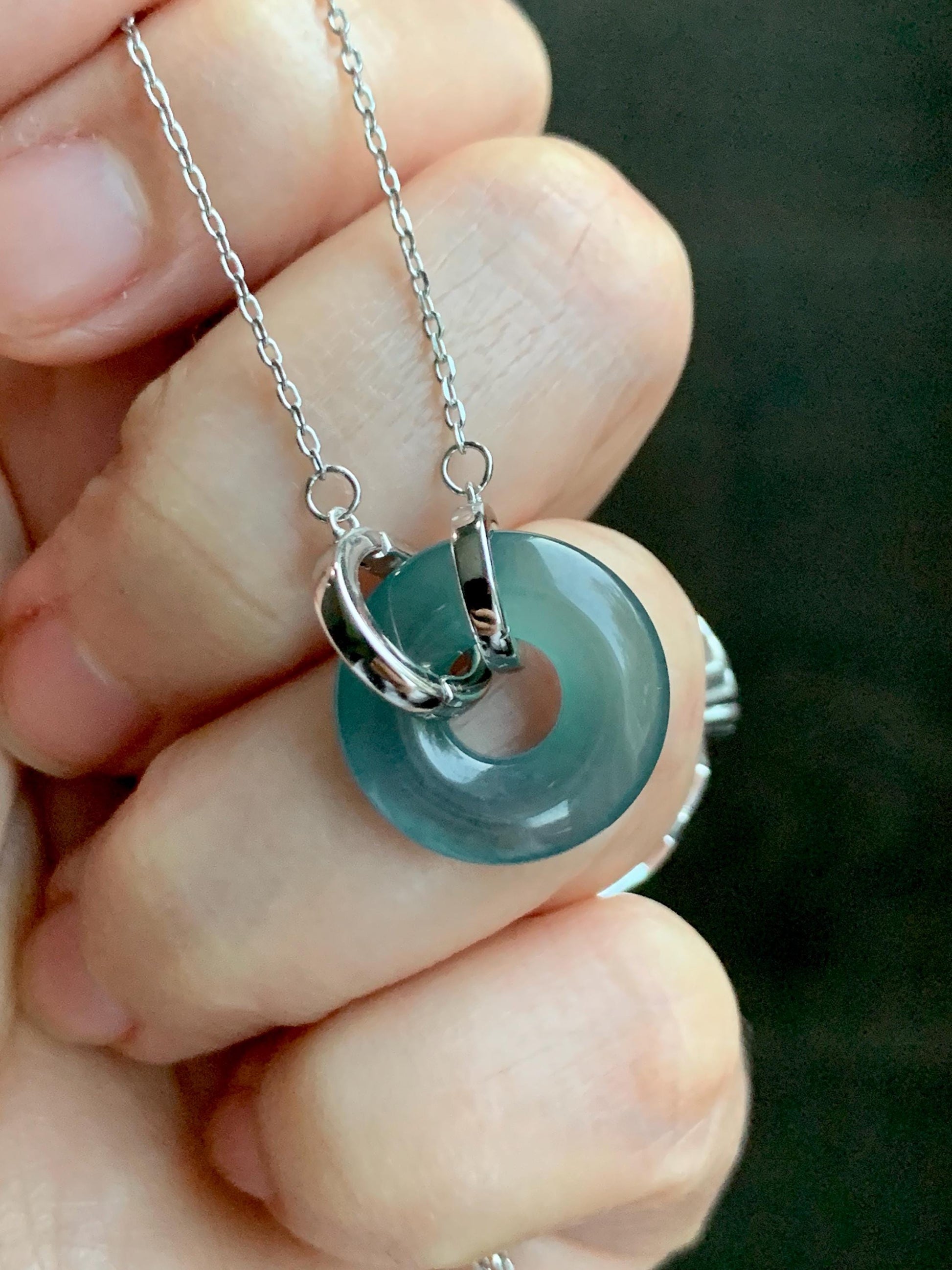 Natural Grade A Guatemalan Icy Translucent Dark Teal Blue Jade Jadeite Ping An Kou Donut Necklace Sterling Silver 天然冰危蓝翡翠平安扣锁骨链 PAL99