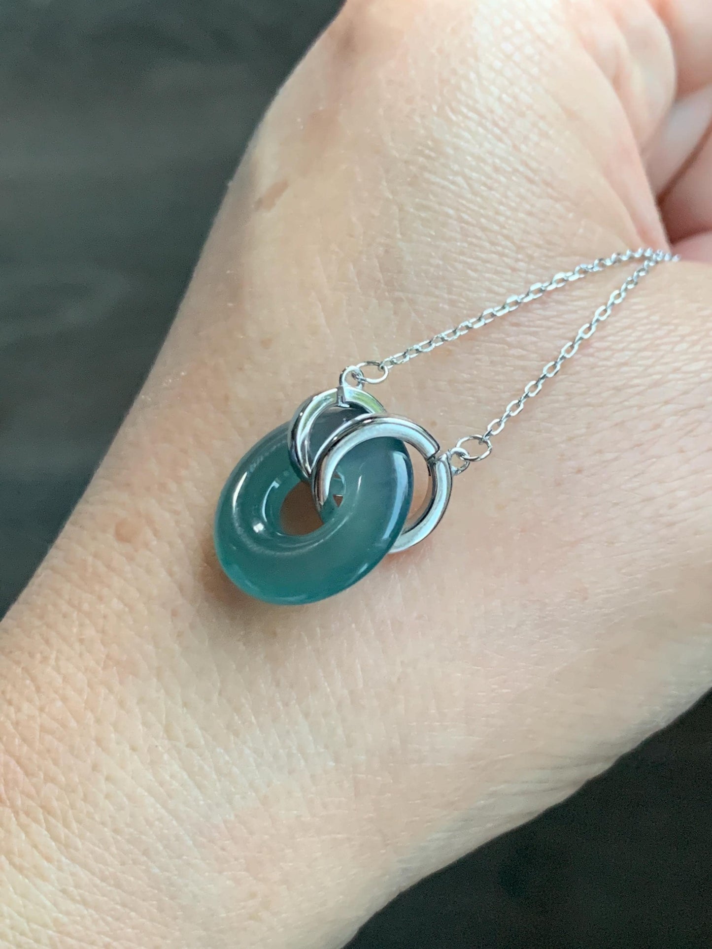 Natural Grade A Guatemalan Icy Translucent Dark Teal Blue Jade Jadeite Ping An Kou Donut Necklace Sterling Silver 天然冰危蓝翡翠平安扣锁骨链 PAL99