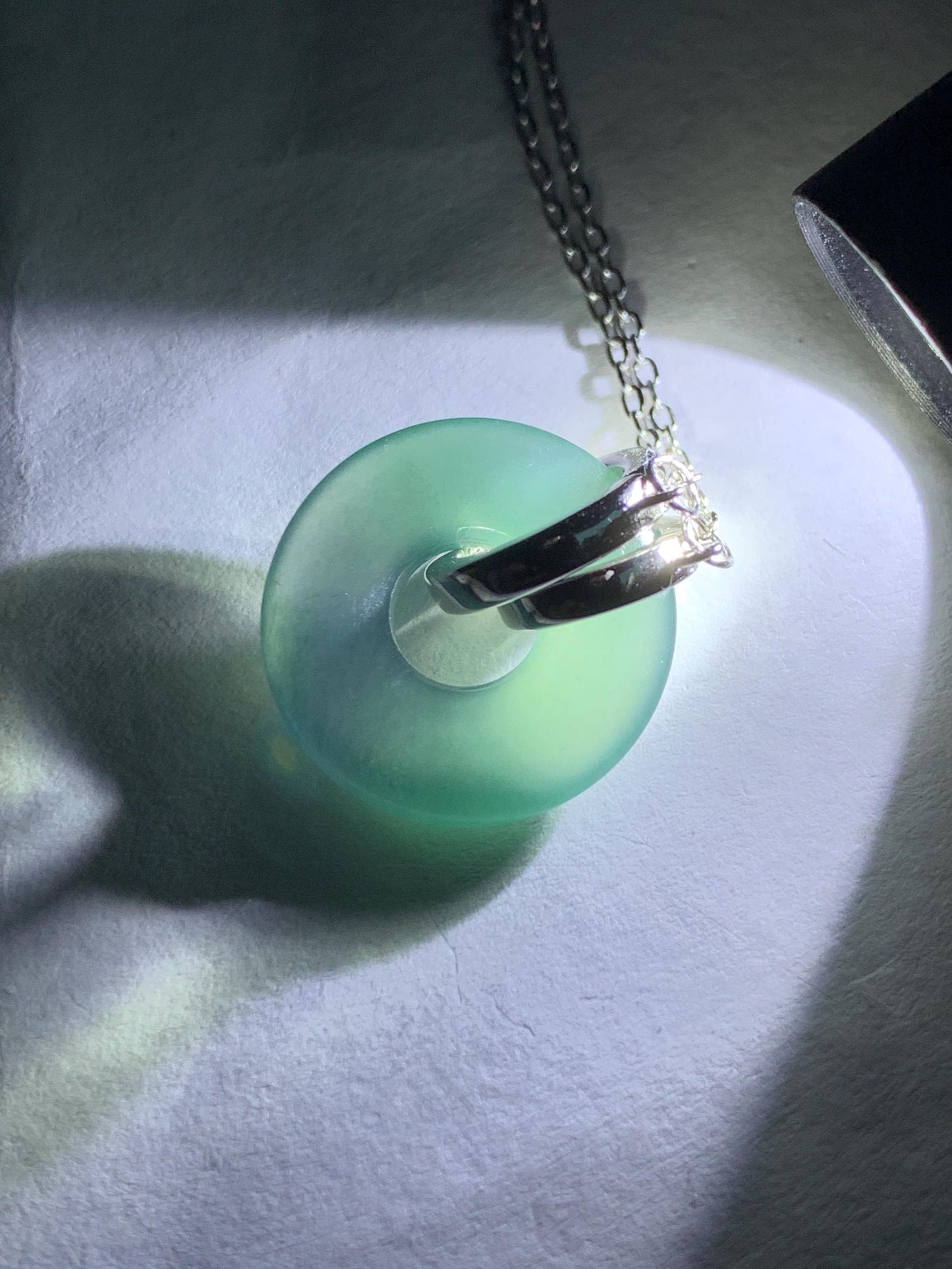Natural Grade A Guatemalan Icy Translucent Dark Teal Blue Jade Jadeite Ping An Kou Donut Necklace Sterling Silver 天然冰危蓝翡翠平安扣锁骨链 PAL99