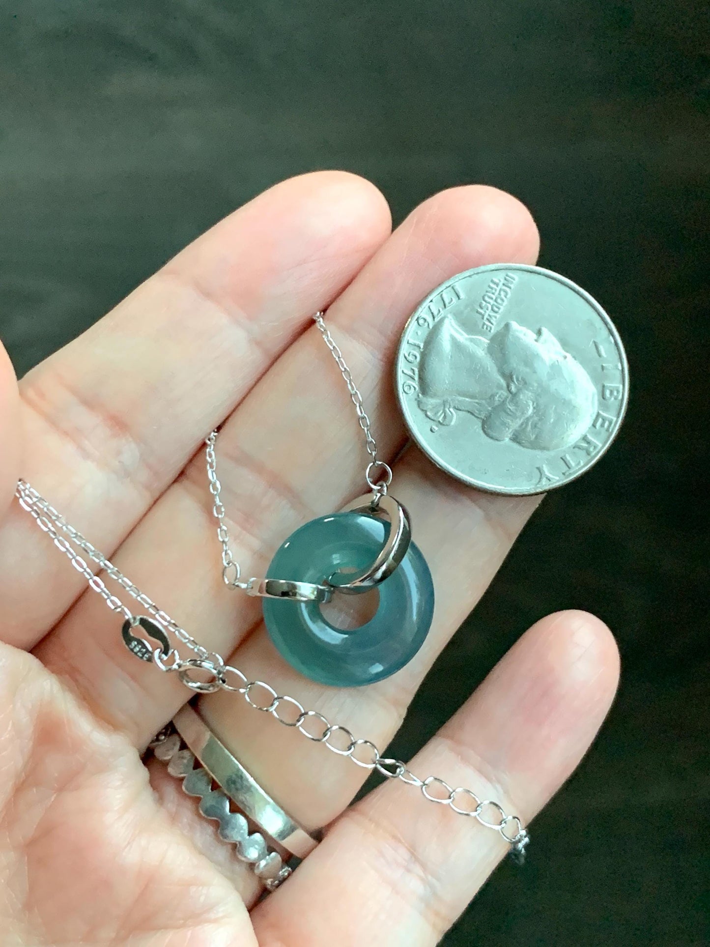Natural Grade A Guatemalan Icy Translucent Dark Teal Blue Jade Jadeite Ping An Kou Donut Necklace Sterling Silver 天然冰危蓝翡翠平安扣锁骨链 PAL99