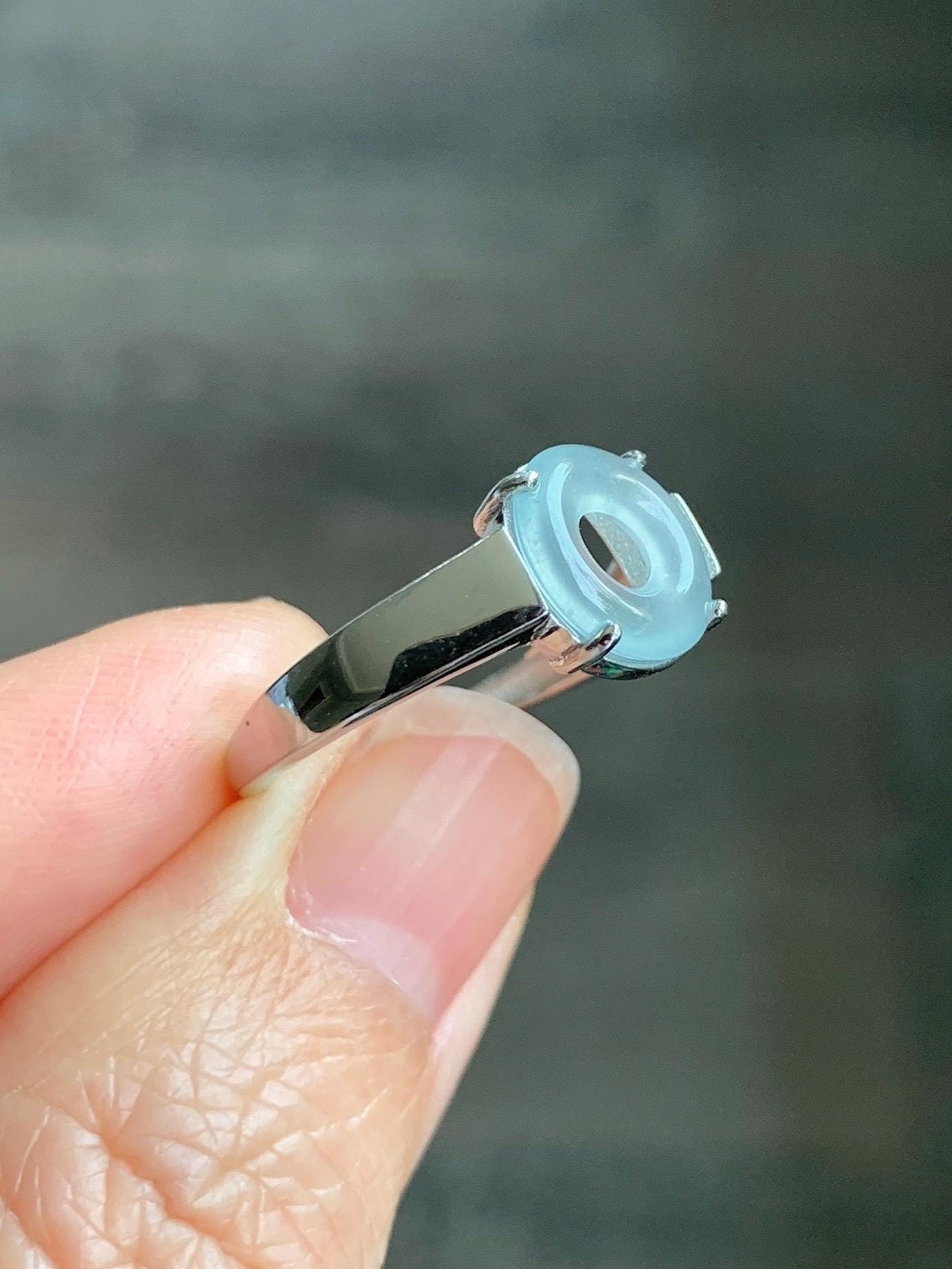 Natural Type A Guatemalan Icy Translucent Pastel Blue Jade Jadeite Donut Ping An Kou Ring Sterling Silver Size Adjustable 天然冰危浅蓝翡翠平安扣戒指OZJ66