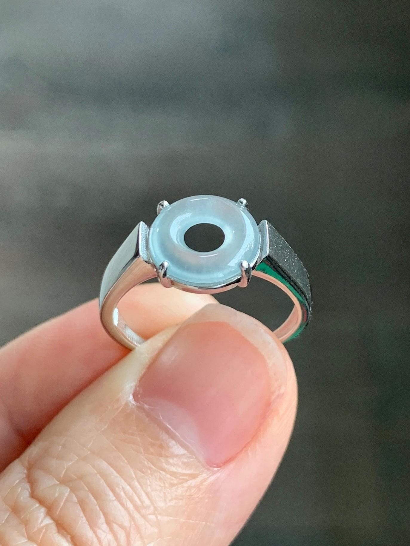 Natural Type A Guatemalan Icy Translucent Pastel Blue Jade Jadeite Donut Ping An Kou Ring Sterling Silver Size Adjustable 天然冰危浅蓝翡翠平安扣戒指OZJ66