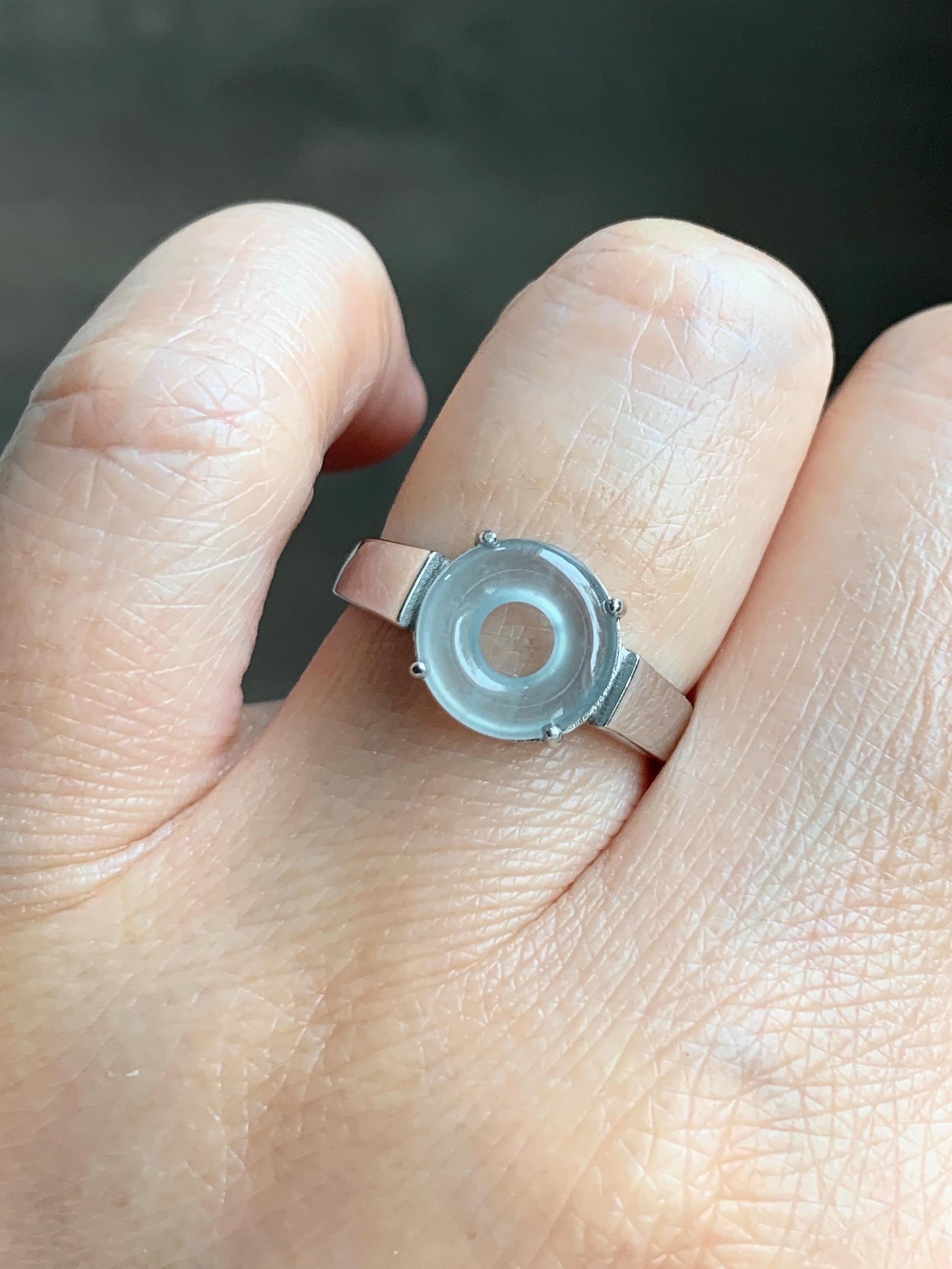 Natural Type A Guatemalan Icy Translucent Pastel Blue Jade Jadeite Donut Ping An Kou Ring Sterling Silver Size Adjustable 天然冰危浅蓝翡翠平安扣戒指OZJ66