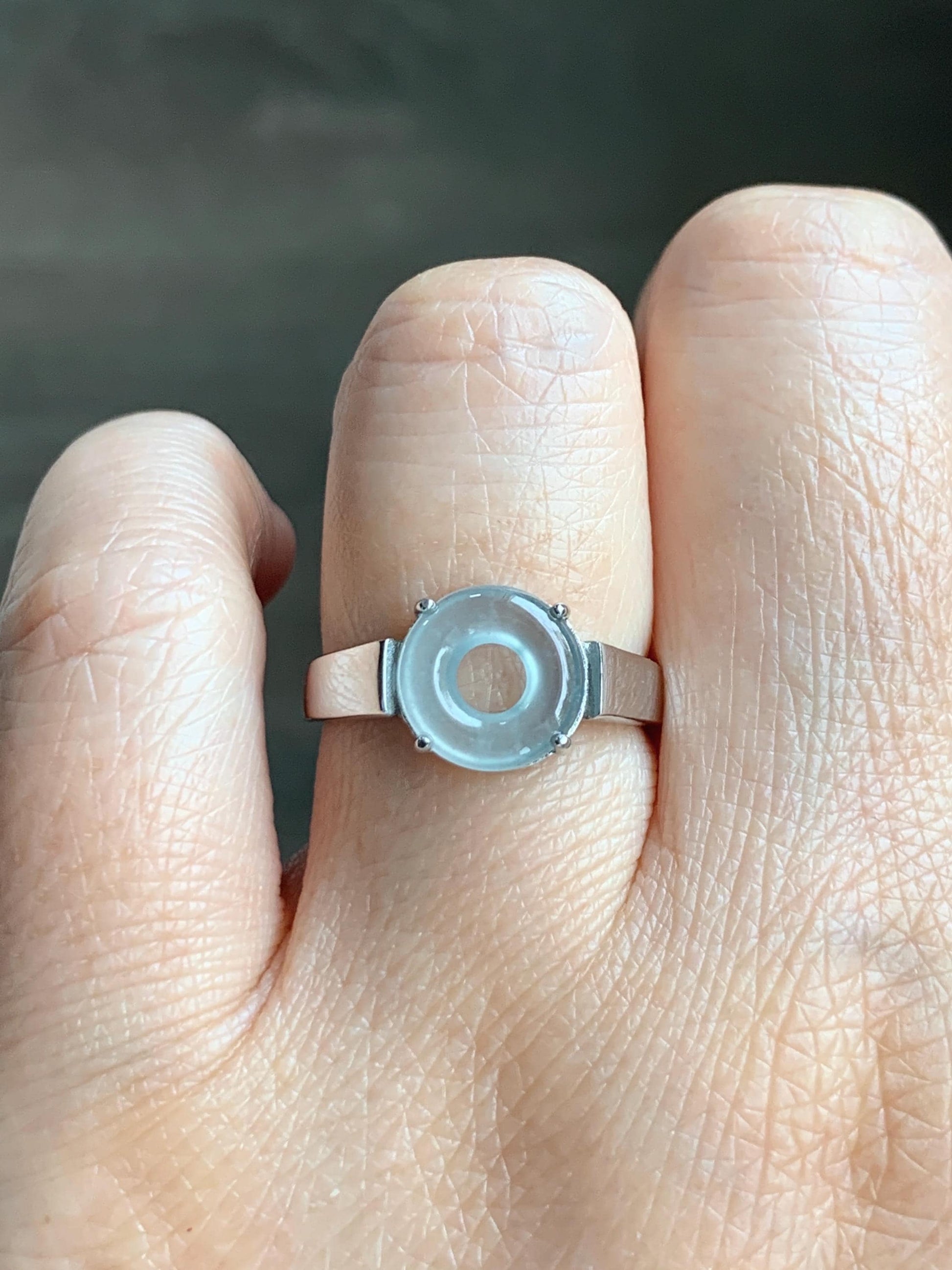 Natural Type A Guatemalan Icy Translucent Pastel Blue Jade Jadeite Donut Ping An Kou Ring Sterling Silver Size Adjustable 天然冰危浅蓝翡翠平安扣戒指OZJ66
