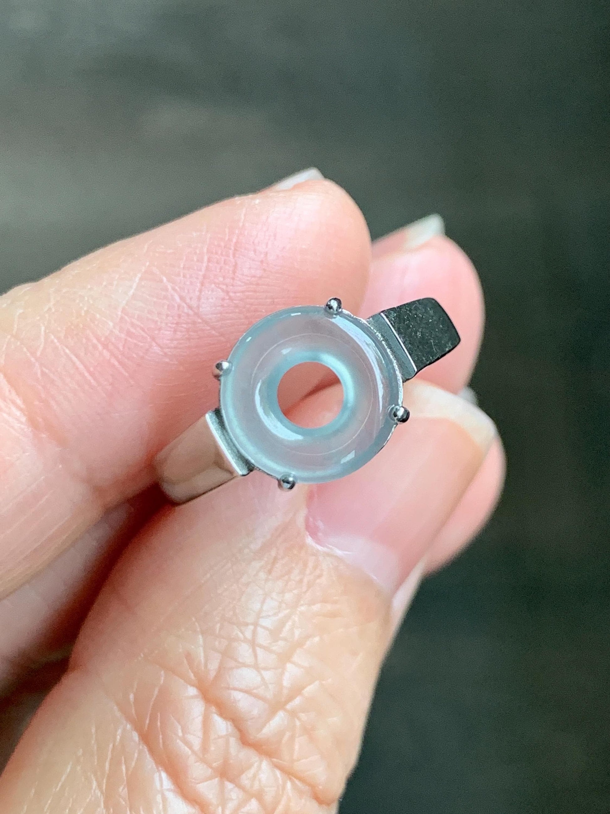 Natural Type A Guatemalan Icy Translucent Pastel Blue Jade Jadeite Donut Ping An Kou Ring Sterling Silver Size Adjustable 天然冰危浅蓝翡翠平安扣戒指OZJ66