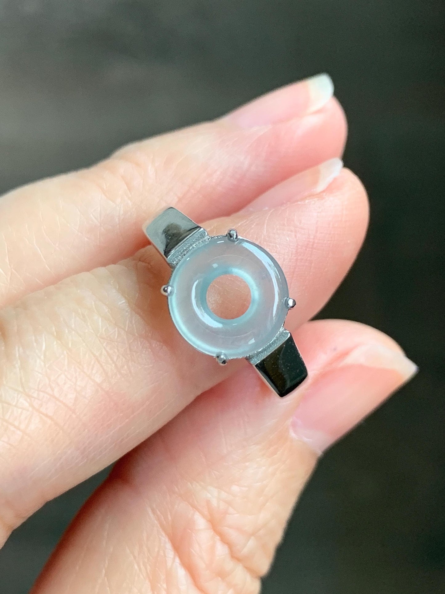 Natural Type A Guatemalan Icy Translucent Pastel Blue Jade Jadeite Donut Ping An Kou Ring Sterling Silver Size Adjustable 天然冰危浅蓝翡翠平安扣戒指OZJ66