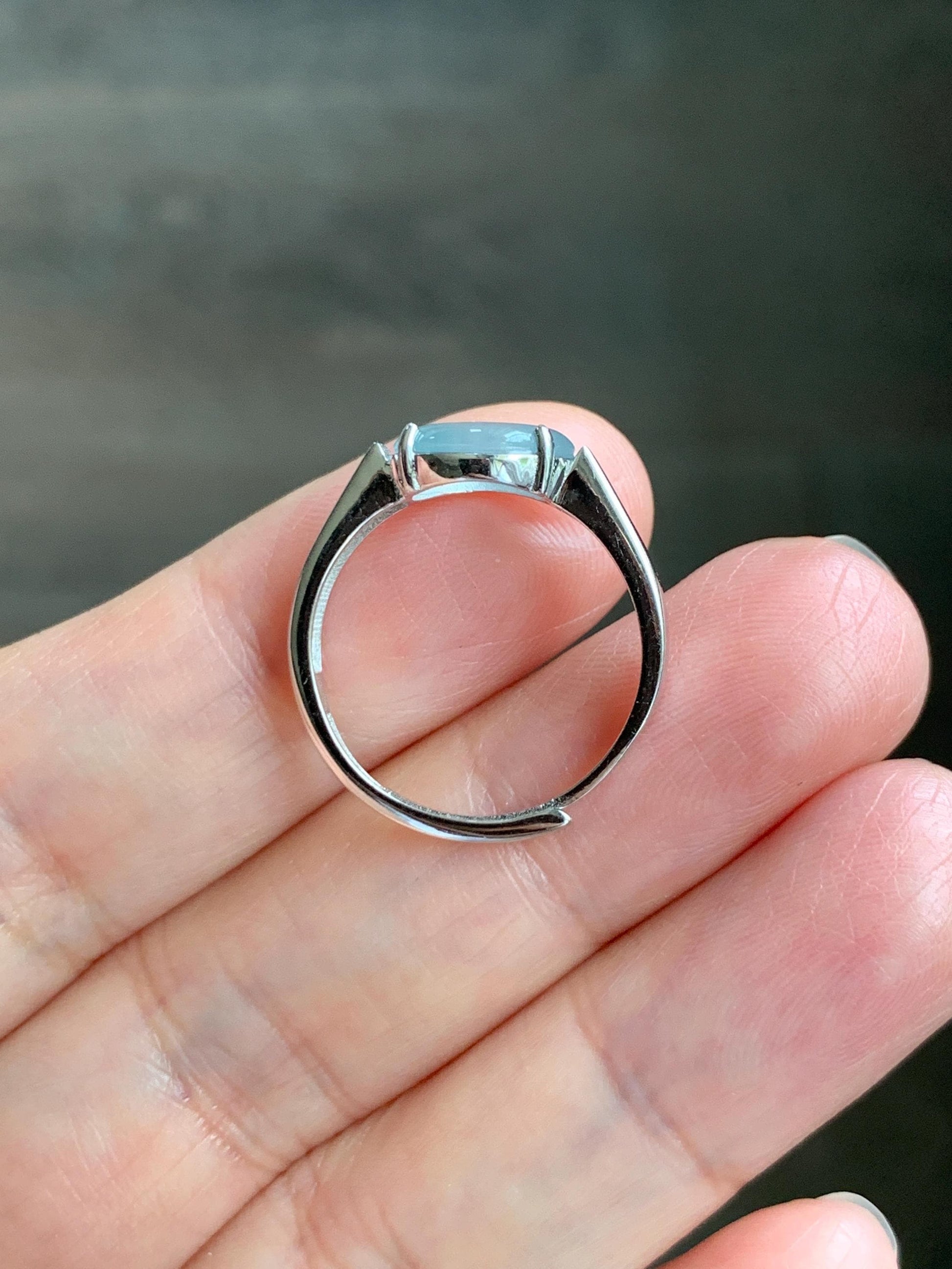 Natural Type A Guatemalan Icy Translucent Pastel Blue Jade Jadeite Donut Ping An Kou Ring Sterling Silver Size Adjustable 天然冰危浅蓝翡翠平安扣戒指OZJ66