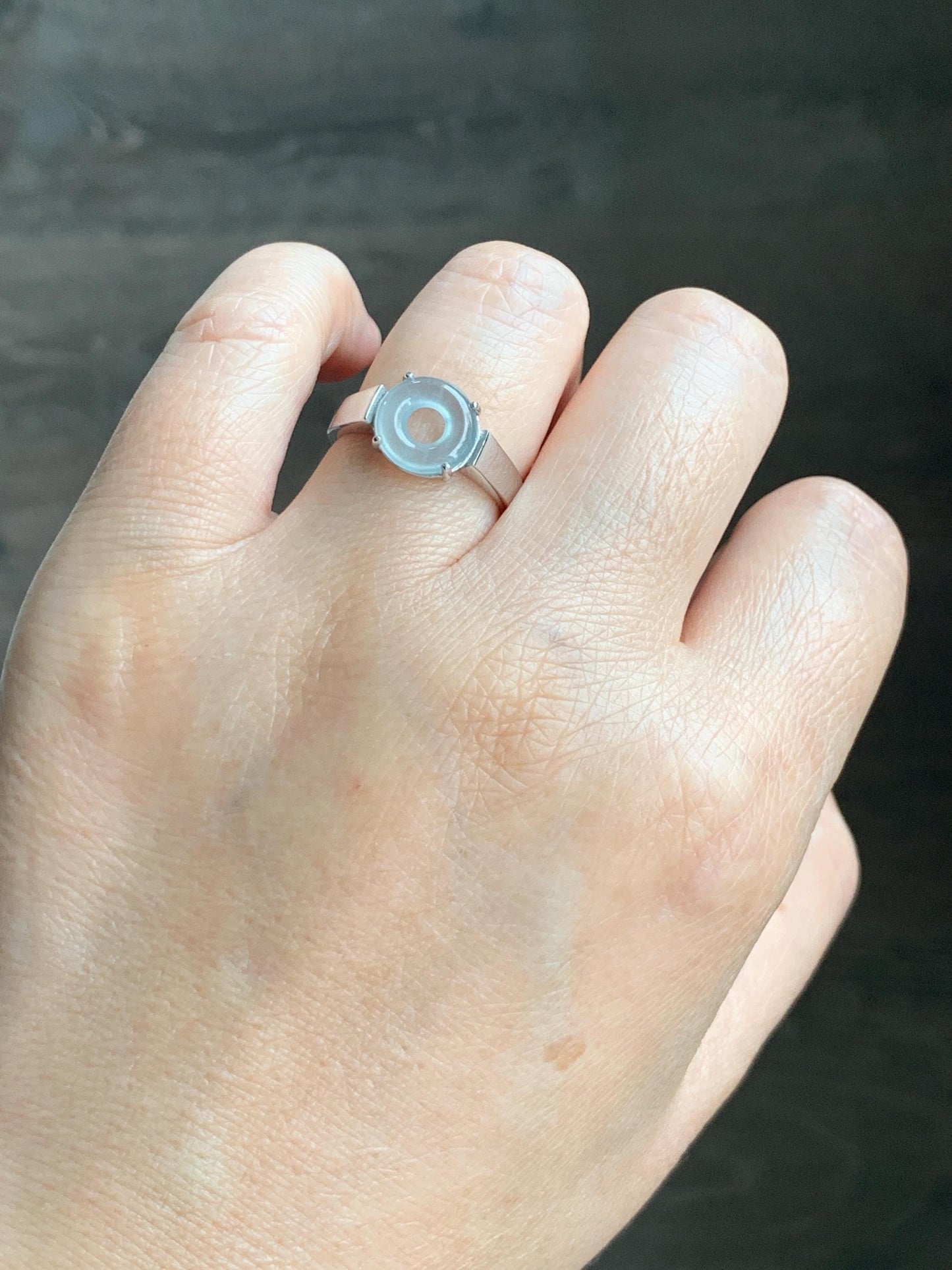 Natural Type A Guatemalan Icy Translucent Pastel Blue Jade Jadeite Donut Ping An Kou Ring Sterling Silver Size Adjustable 天然冰危浅蓝翡翠平安扣戒指OZJ66
