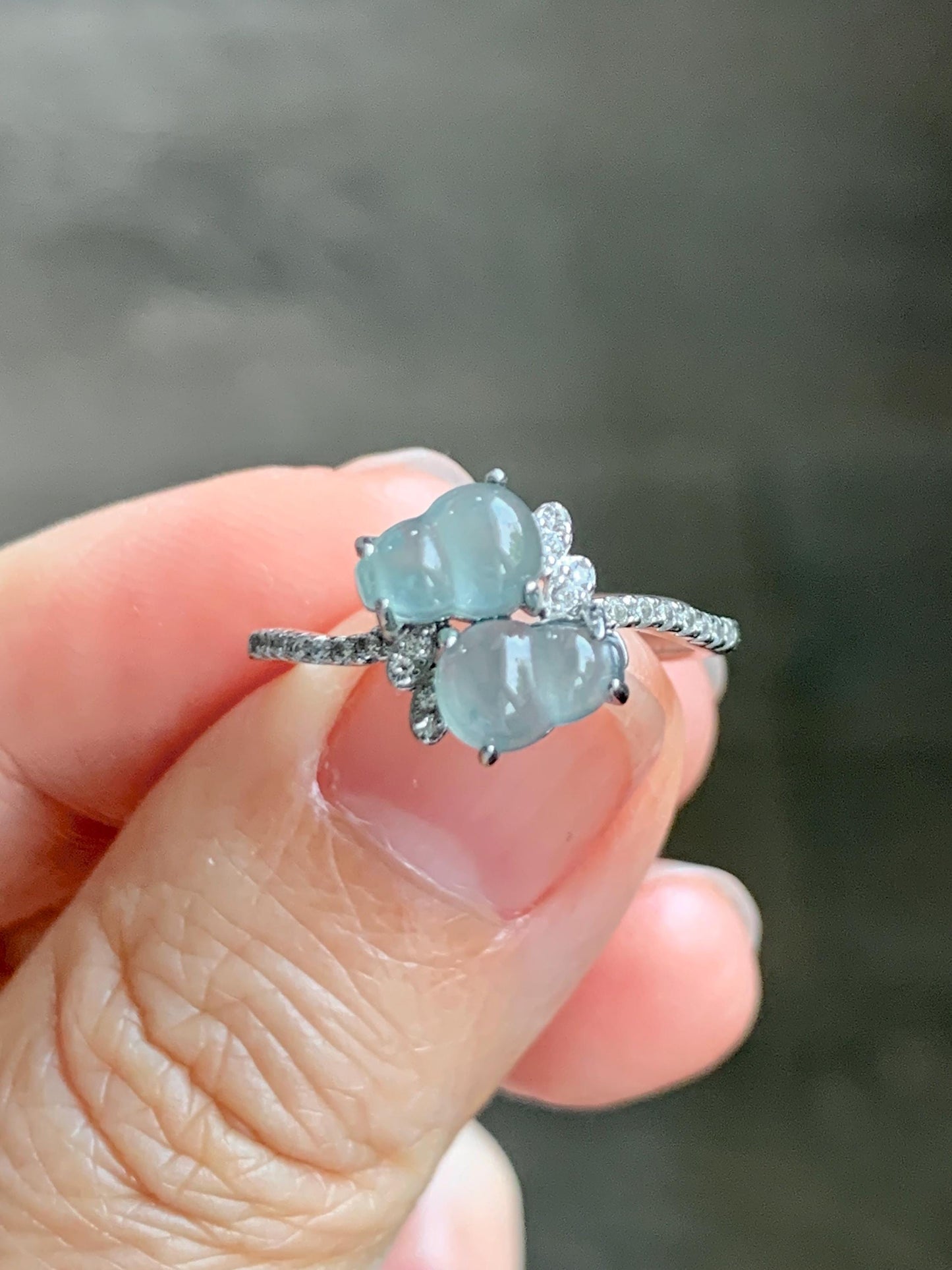 Natural Grade A Guatemalan Icy Translucent Pastel Blue Jade Jadeite Gourd Hulu Ring Sterling Silver Size 6 Adjustable 天然冰危淡蓝翡翠双葫芦戒指 SHL88
