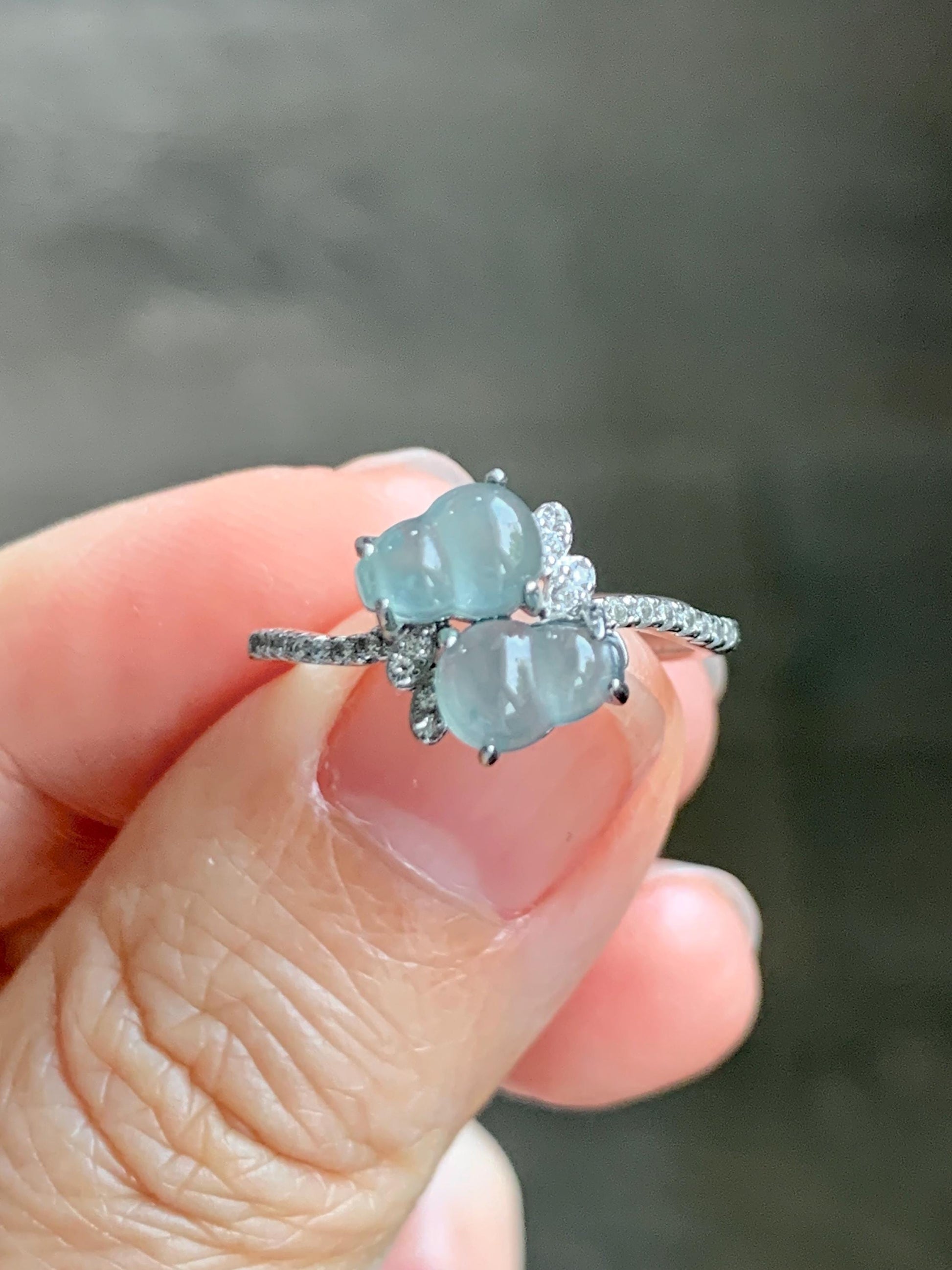 Natural Grade A Guatemalan Icy Translucent Pastel Blue Jade Jadeite Gourd Hulu Ring Sterling Silver Size 6 Adjustable 天然冰危淡蓝翡翠双葫芦戒指 SHL88