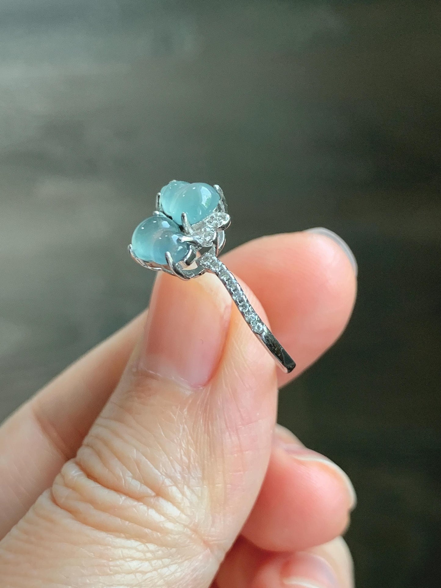 Natural Grade A Guatemalan Icy Translucent Pastel Blue Jade Jadeite Gourd Hulu Ring Sterling Silver Size 6 Adjustable 天然冰危淡蓝翡翠双葫芦戒指 SHL88