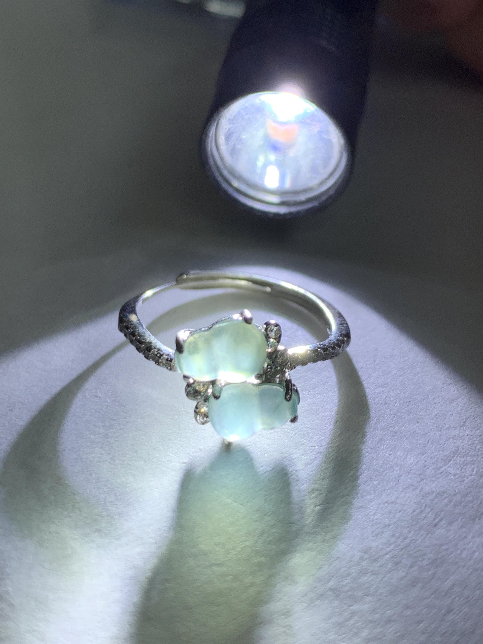 Natural Grade A Guatemalan Icy Translucent Pastel Blue Jade Jadeite Gourd Hulu Ring Sterling Silver Size 6 Adjustable 天然冰危淡蓝翡翠双葫芦戒指 SHL88