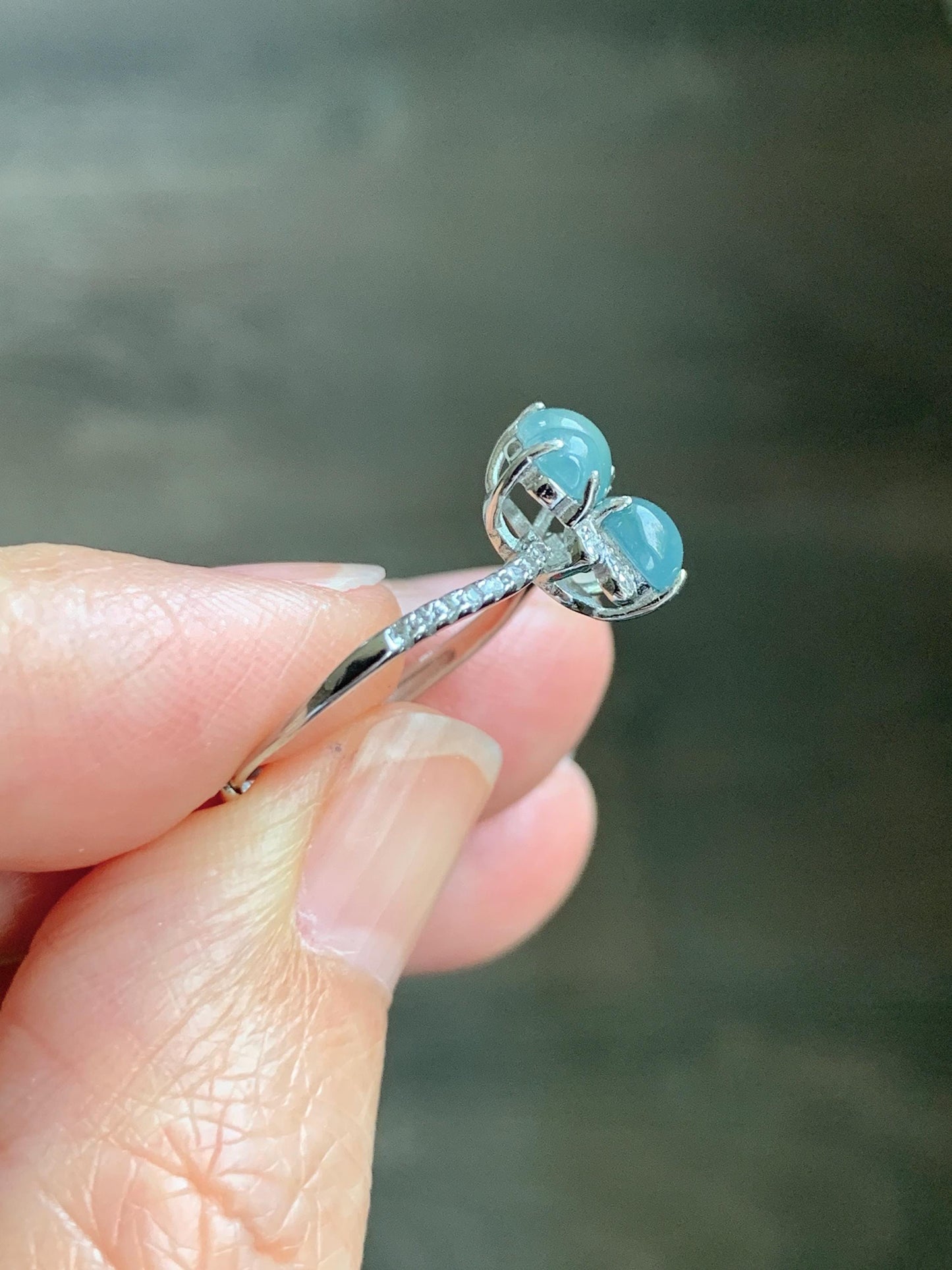 Natural Grade A Guatemalan Icy Translucent Pastel Blue Jade Jadeite Gourd Hulu Ring Sterling Silver Size 6 Adjustable 天然冰危淡蓝翡翠双葫芦戒指 SHL88