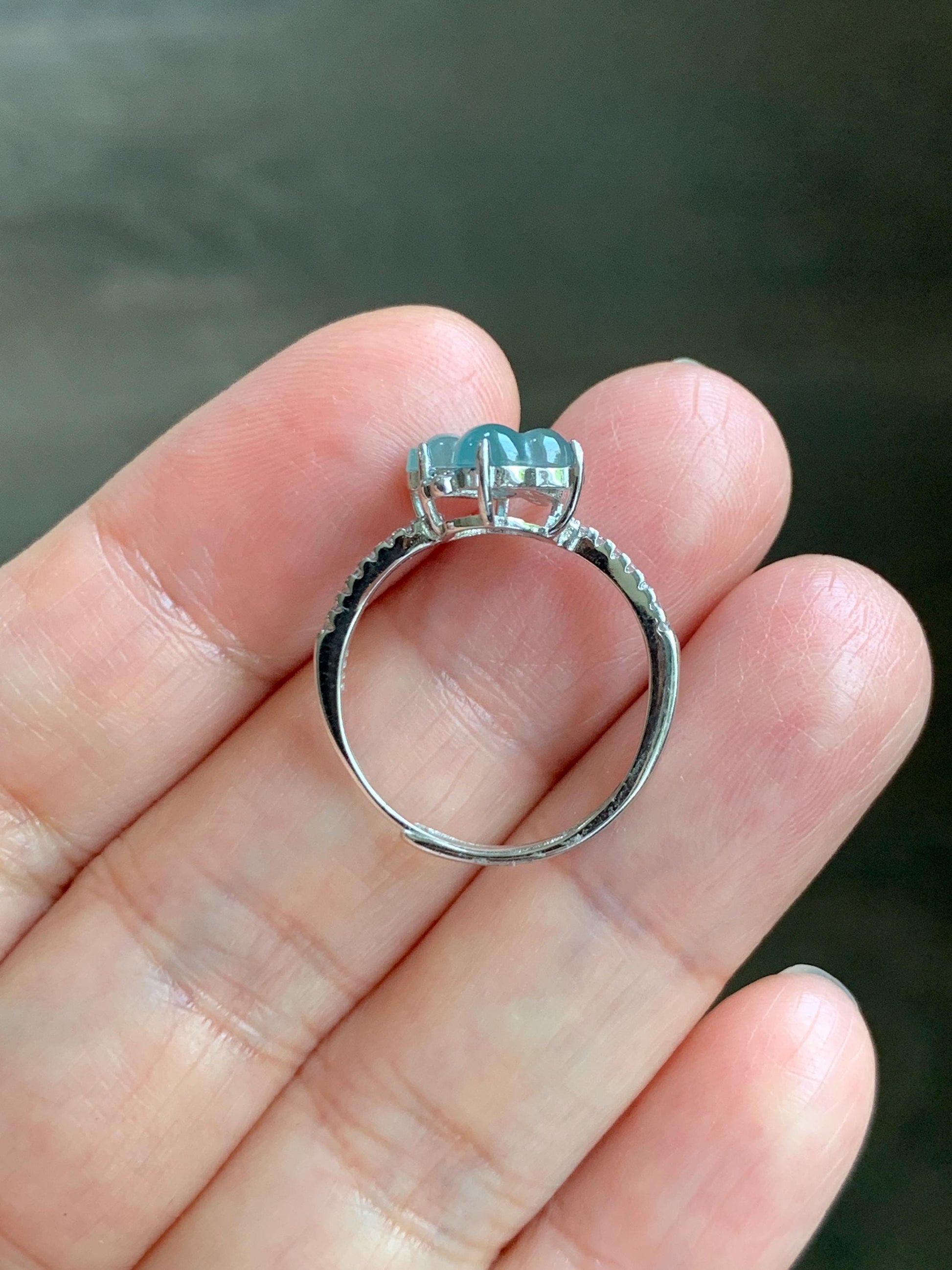 Natural Grade A Guatemalan Icy Translucent Pastel Blue Jade Jadeite Gourd Hulu Ring Sterling Silver Size 6 Adjustable 天然冰危淡蓝翡翠双葫芦戒指 SHL88