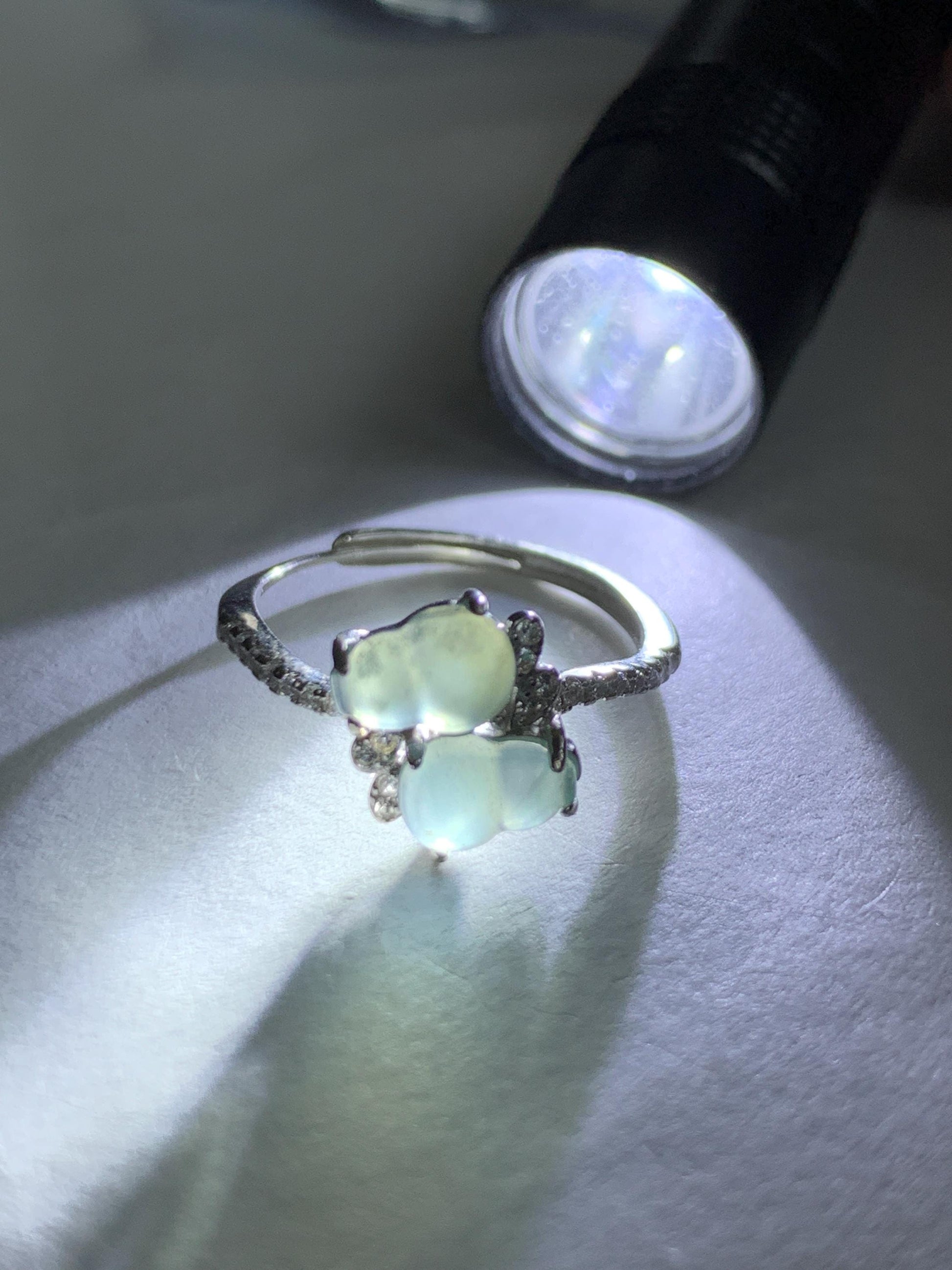 Natural Grade A Guatemalan Icy Translucent Pastel Blue Jade Jadeite Gourd Hulu Ring Sterling Silver Size 6 Adjustable 天然冰危淡蓝翡翠双葫芦戒指 SHL88